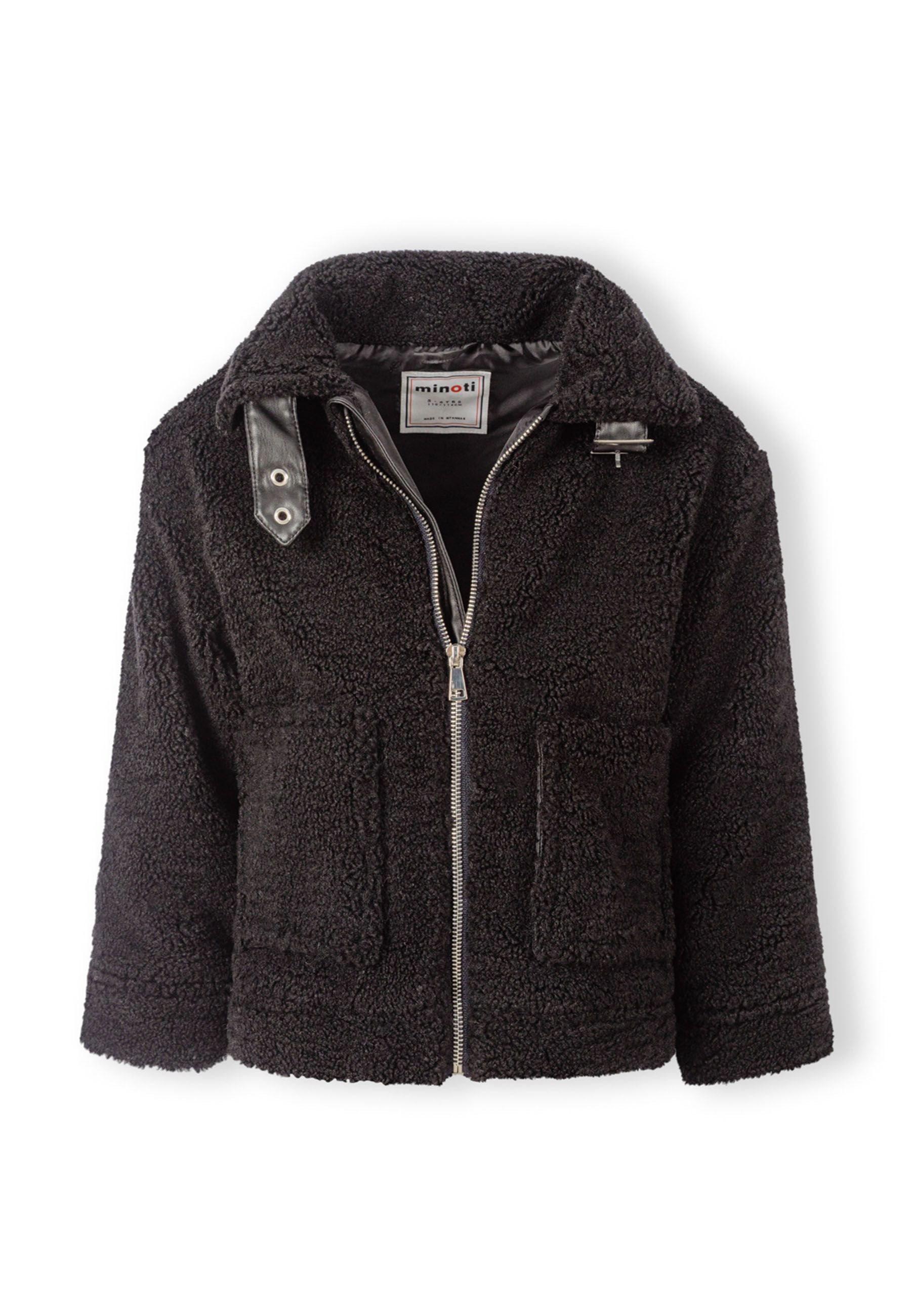 Girls black teddy borg transitional jacket, front view with zip and large pockets.