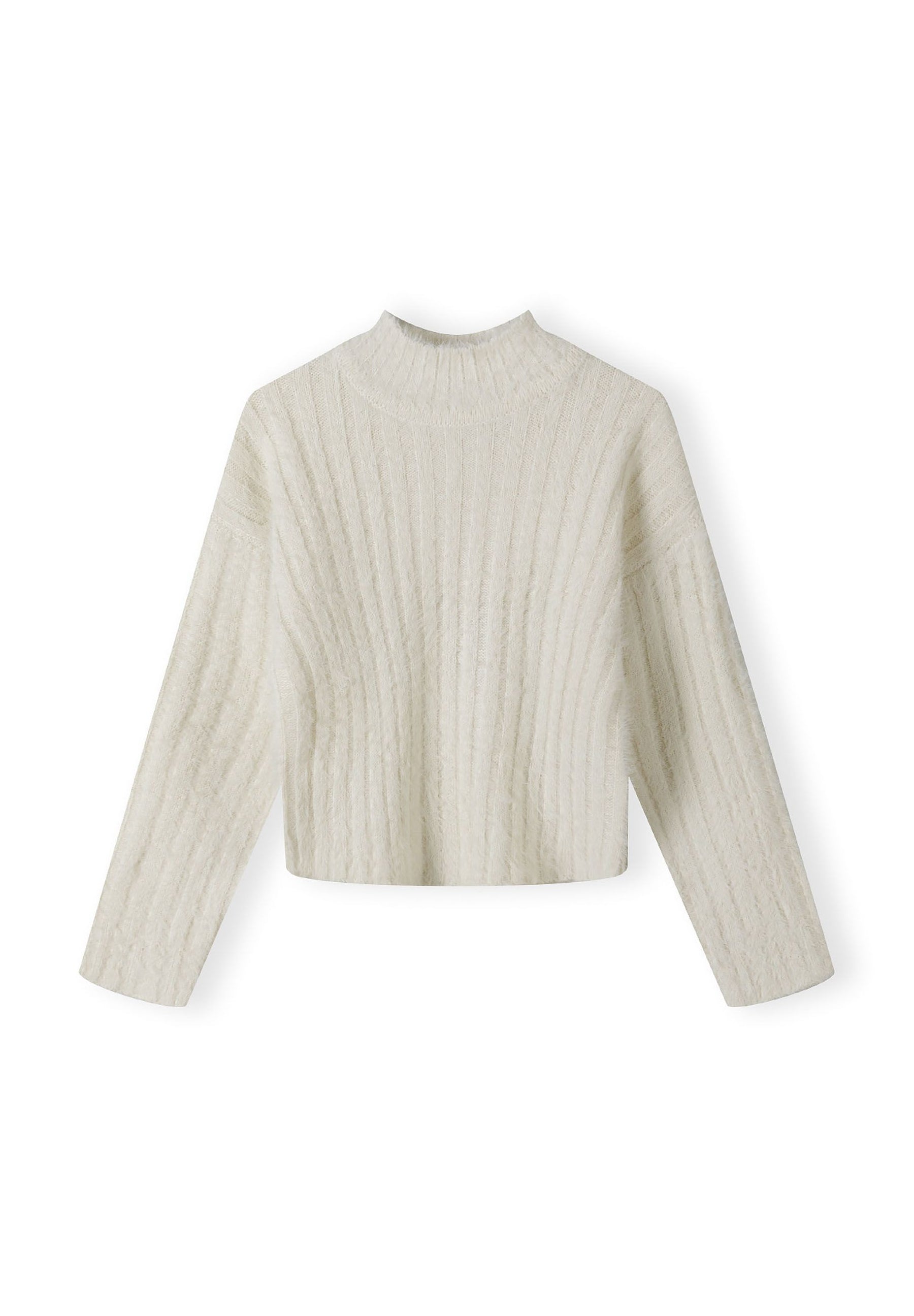 Girls cream jumper with high neck, ribbed texture, front view.