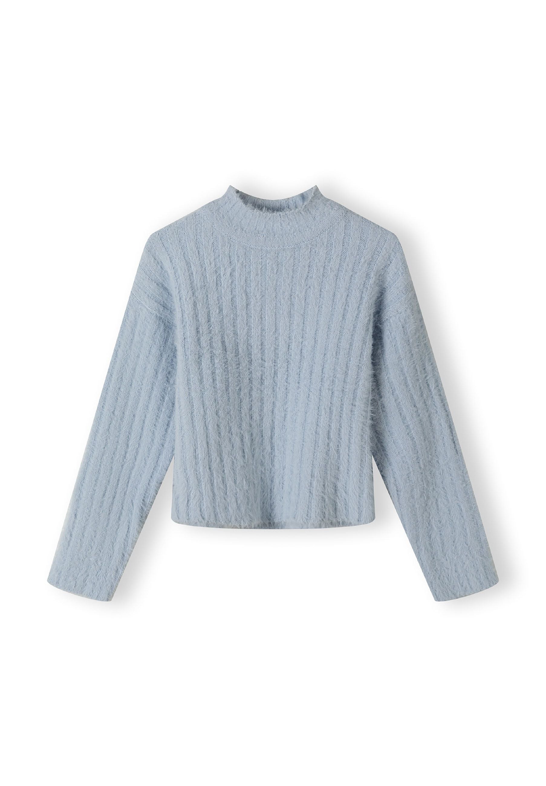 Girls high neck jumper in soft fluffy blue, front view with ribbed cuffs.