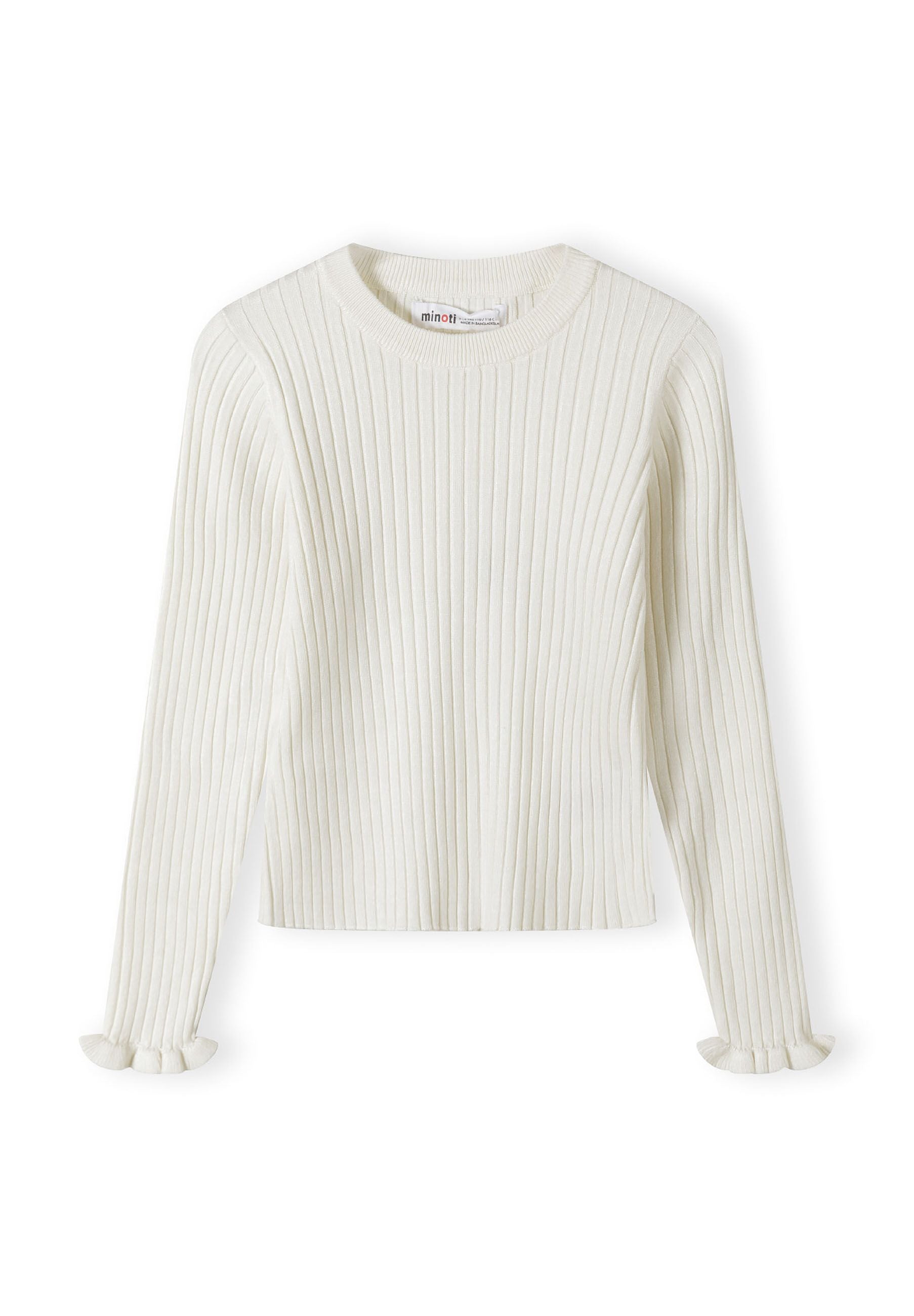 Girls long sleeve ribbed jumper with frill cuffs, white, front view.