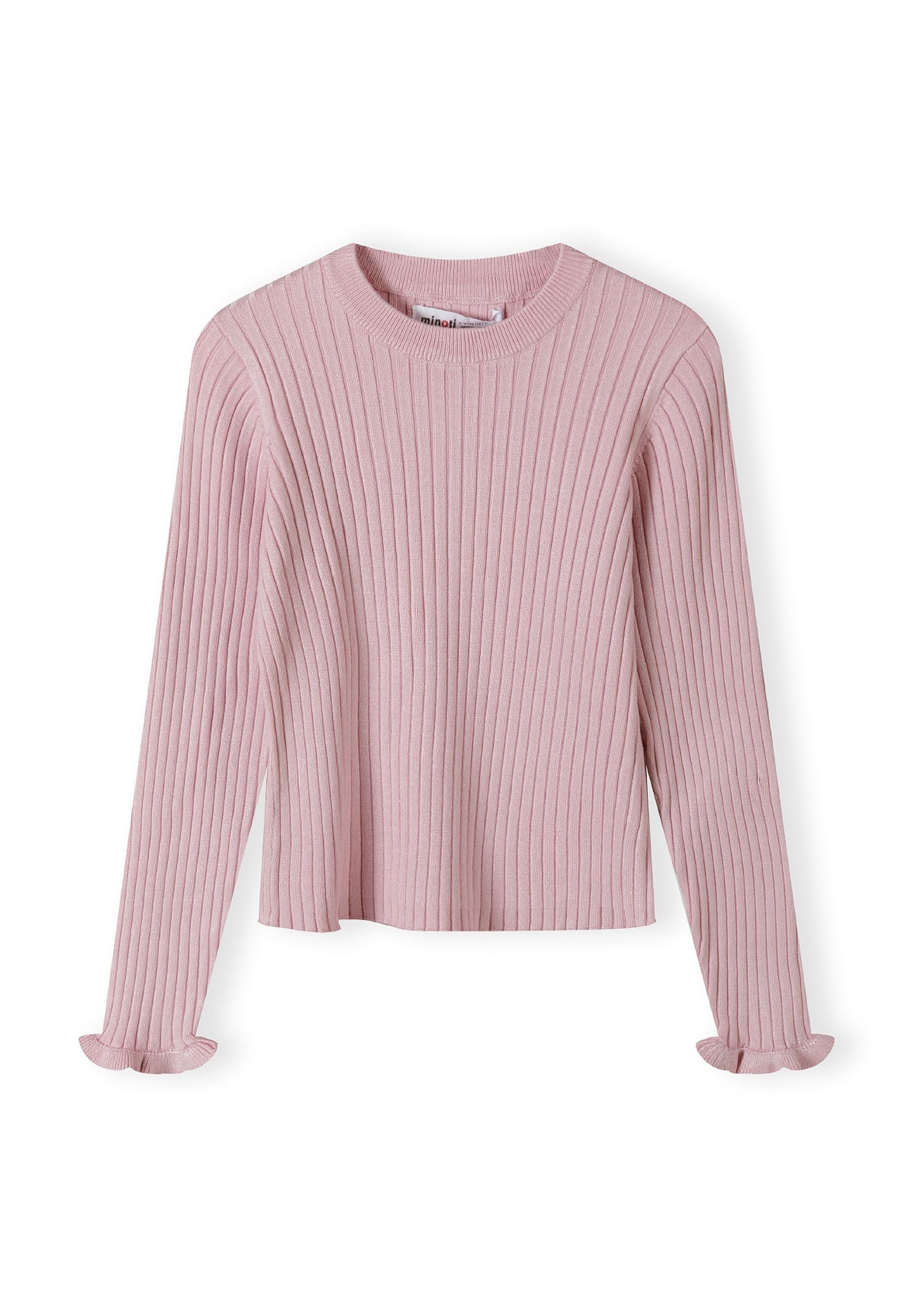 Girls ribbed long sleeve jumper in light pink with frilled cuffs, front view.