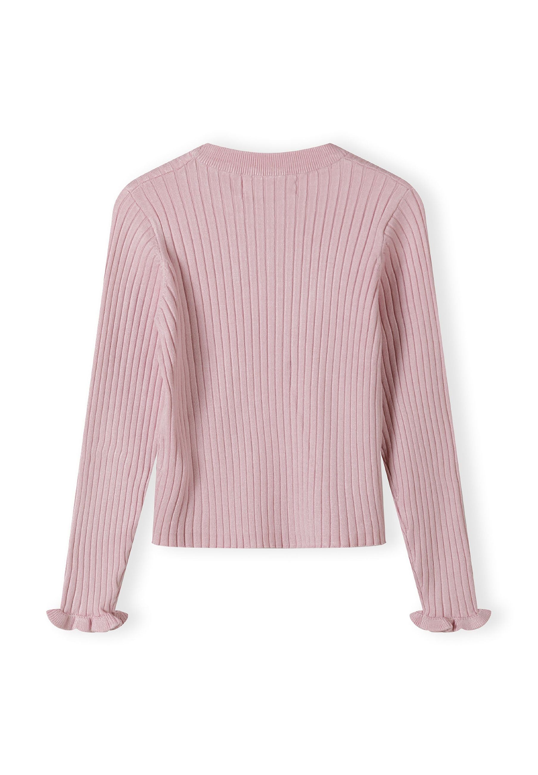 Back view of a light pink ribbed long sleeve jumper with frilled cuffs.
