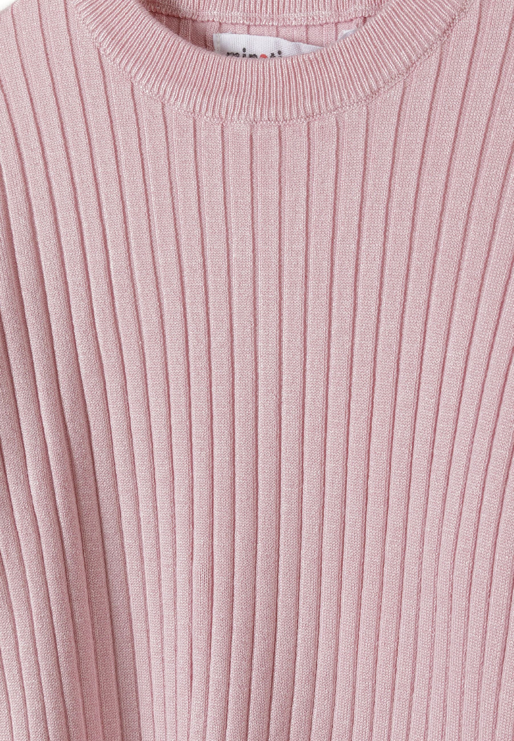 Detail of a light pink ribbed long sleeve jumper with a rounded neckline and frilled cuffs.