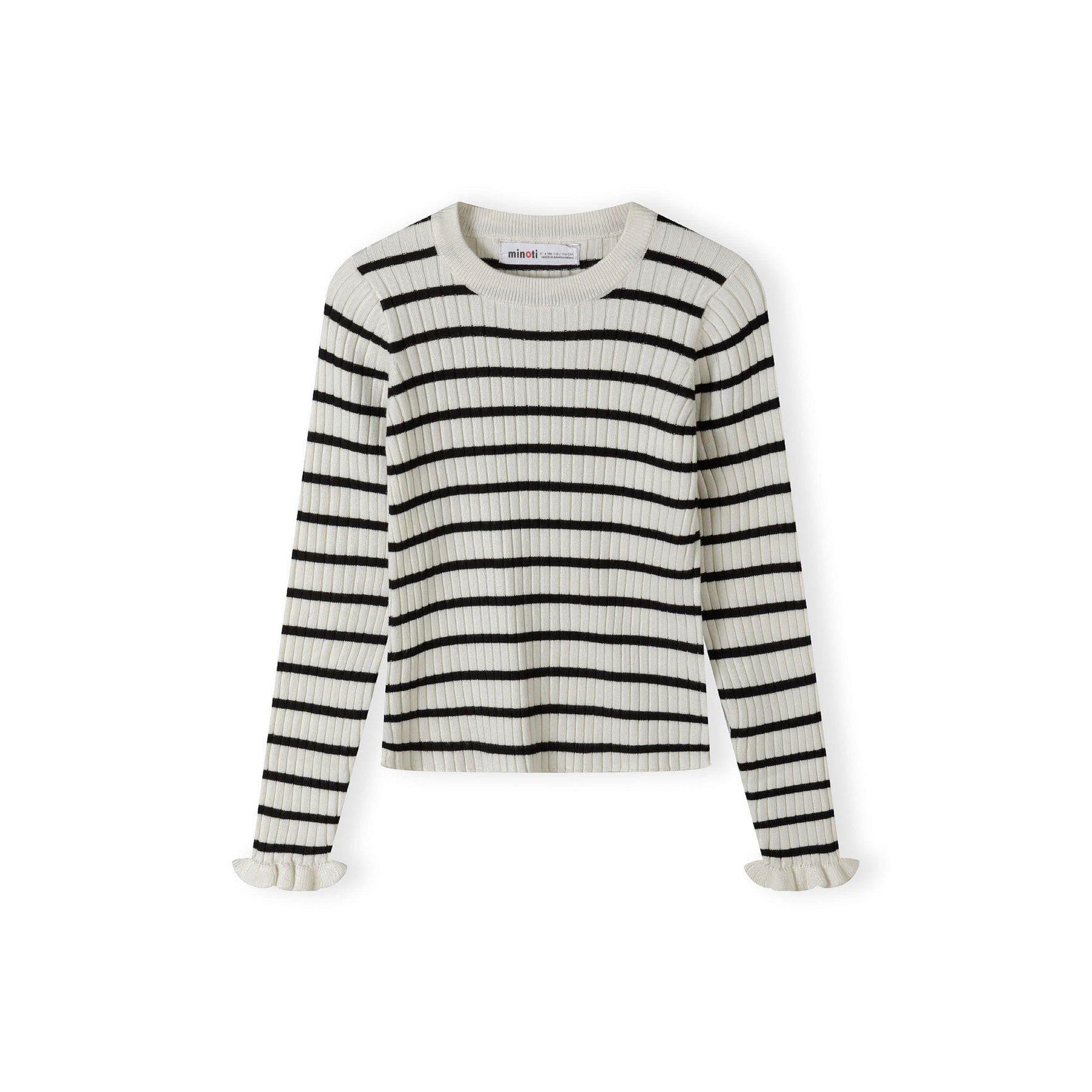 Flat lay of cream and black horizontally striped ribbed jumper with frill cuff details on white background