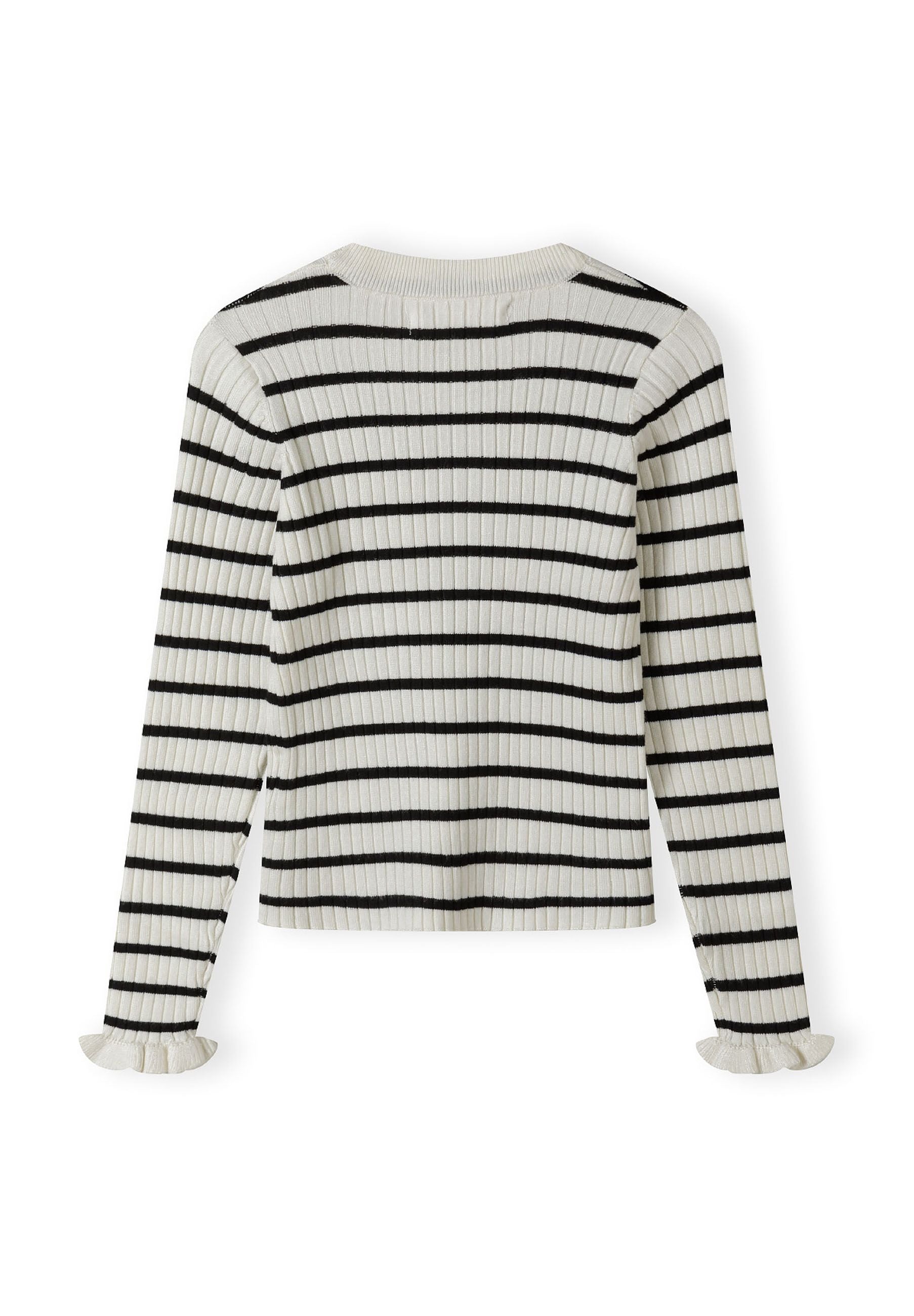 Back view of a girls ribbed jumper with black stripes and frill cuffs.