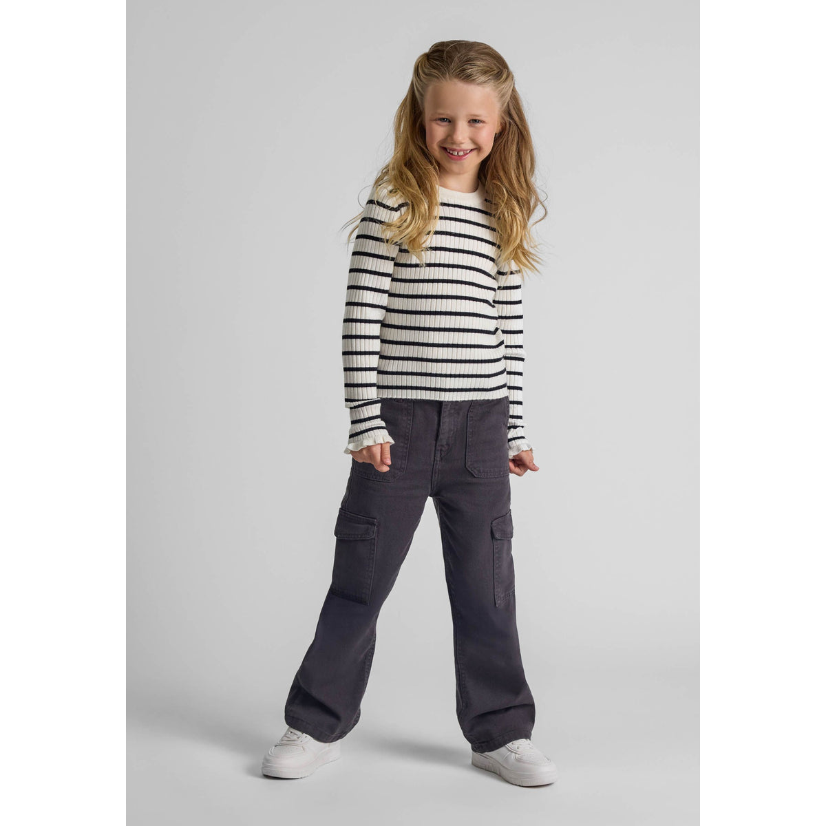 Girls' striped ribbed jumper in cream and black — complete product view for square Shop card