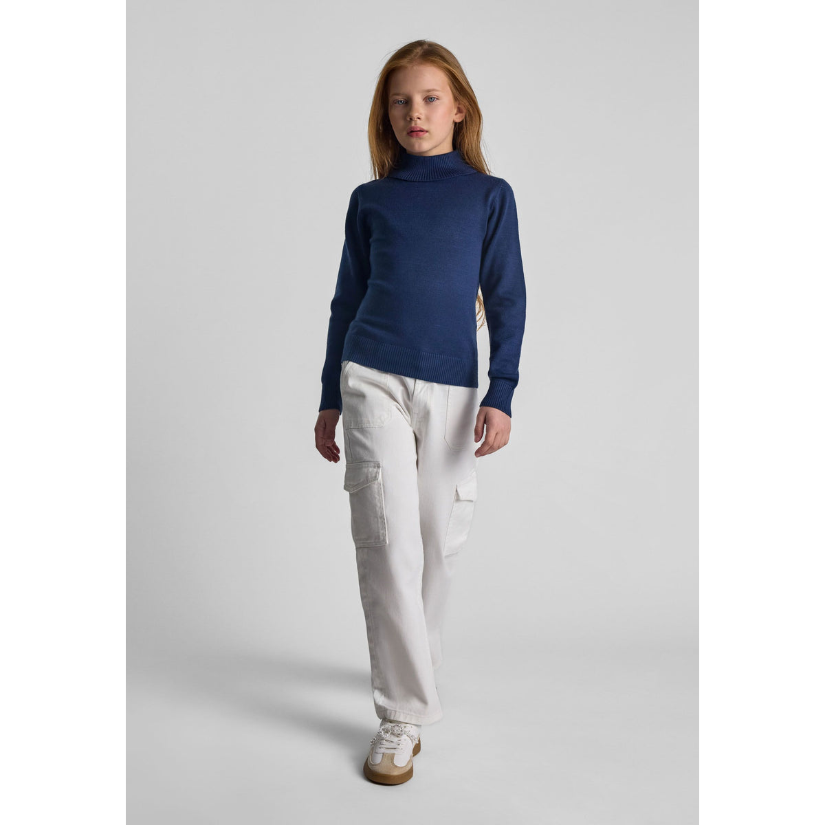 Girls' high neck jumper in navy — complete product view for square Shop card