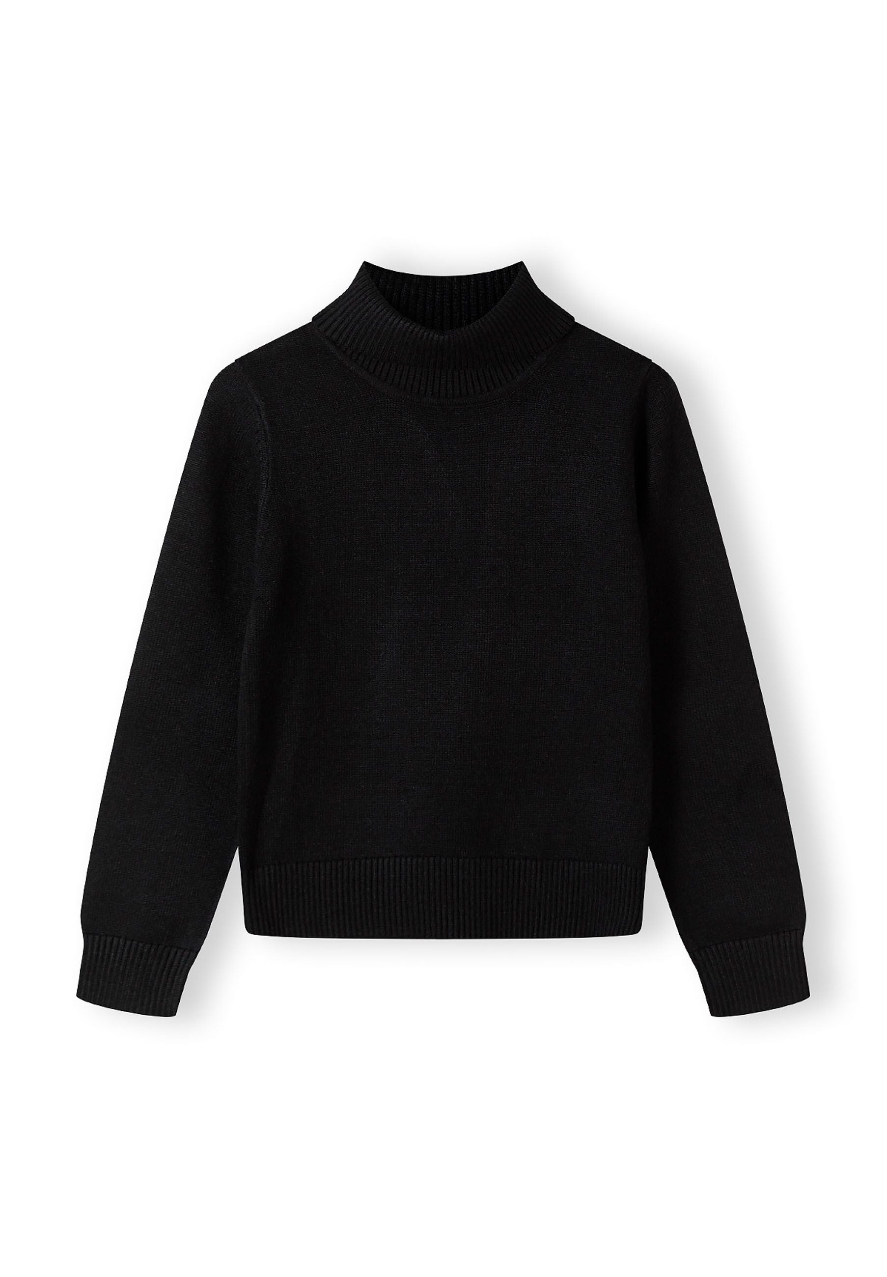 Girls black soft turtleneck jumper, front view, ribbed cuffs and hem.