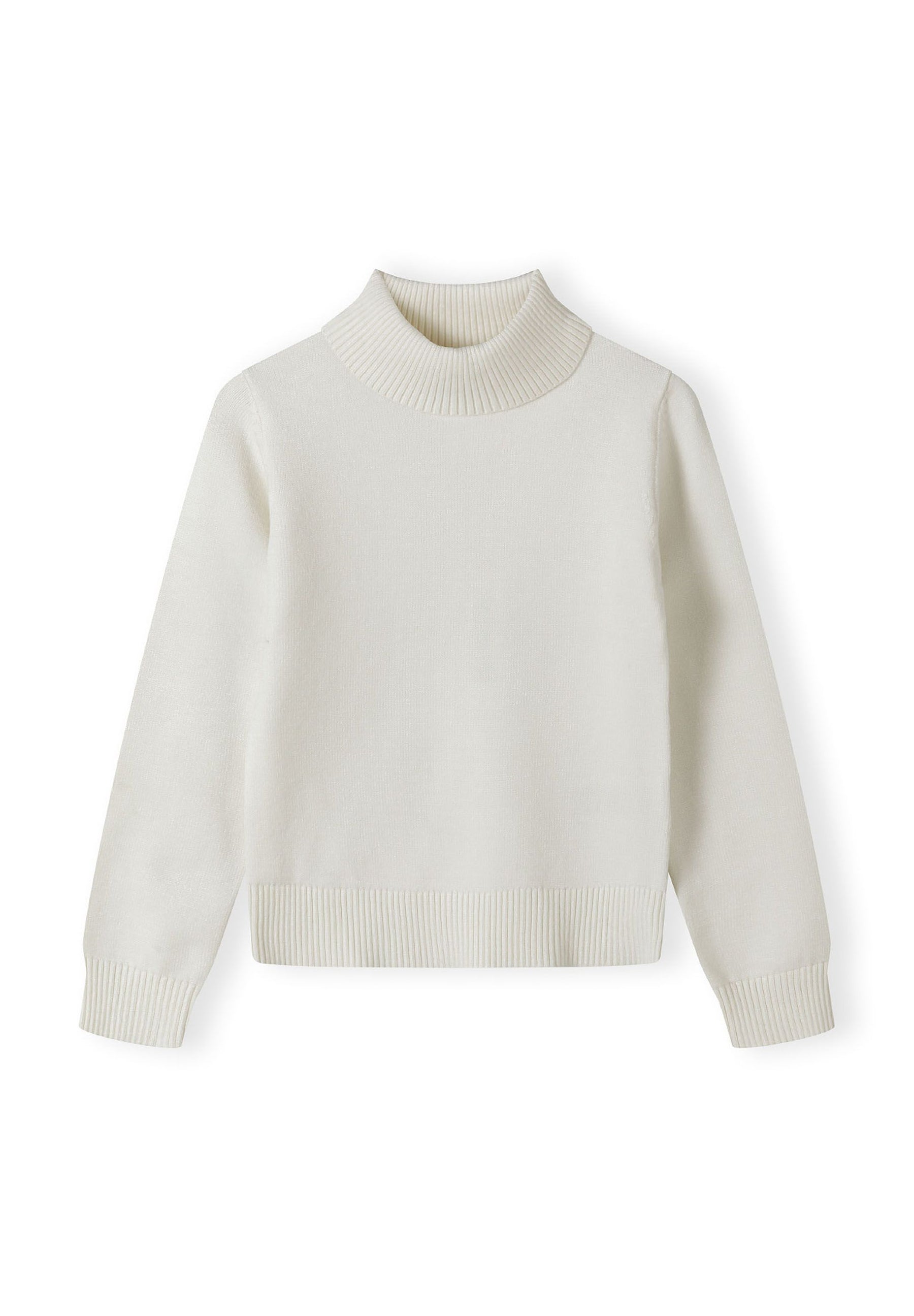 Girls cream jumper, front view, featuring a turtleneck and ribbed cuffs.