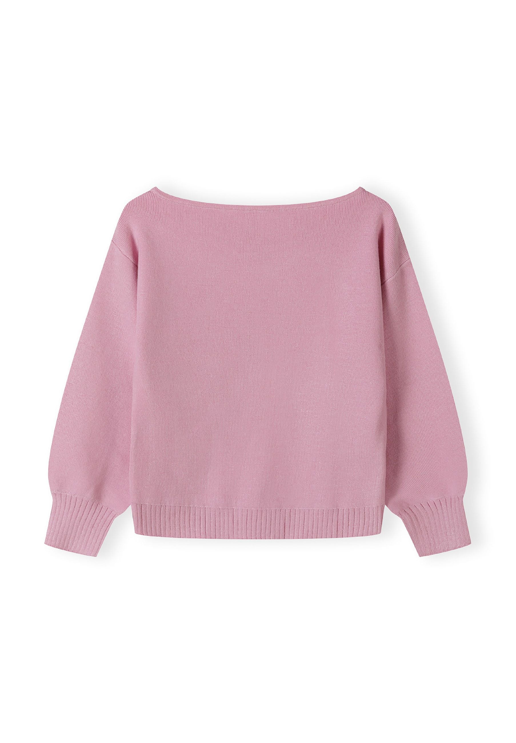 Girls pink jumper, back view, features a boat neckline and ribbed cuffs.