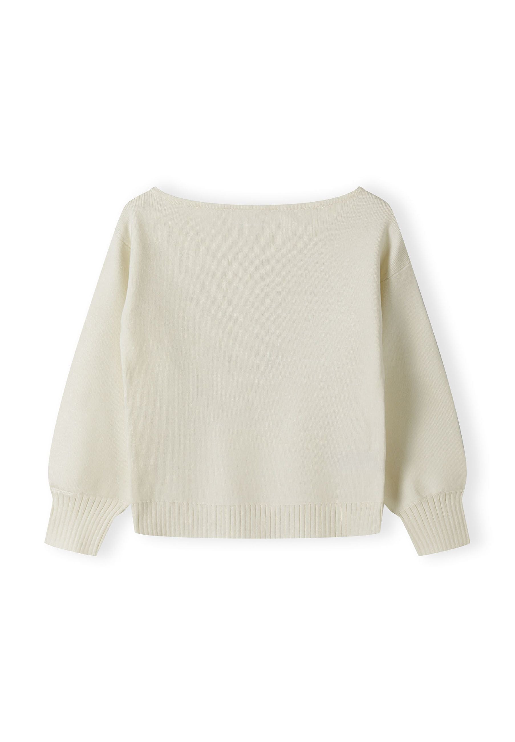 Girls jumper with boat neckline, cream, back view, ribbed cuffs.