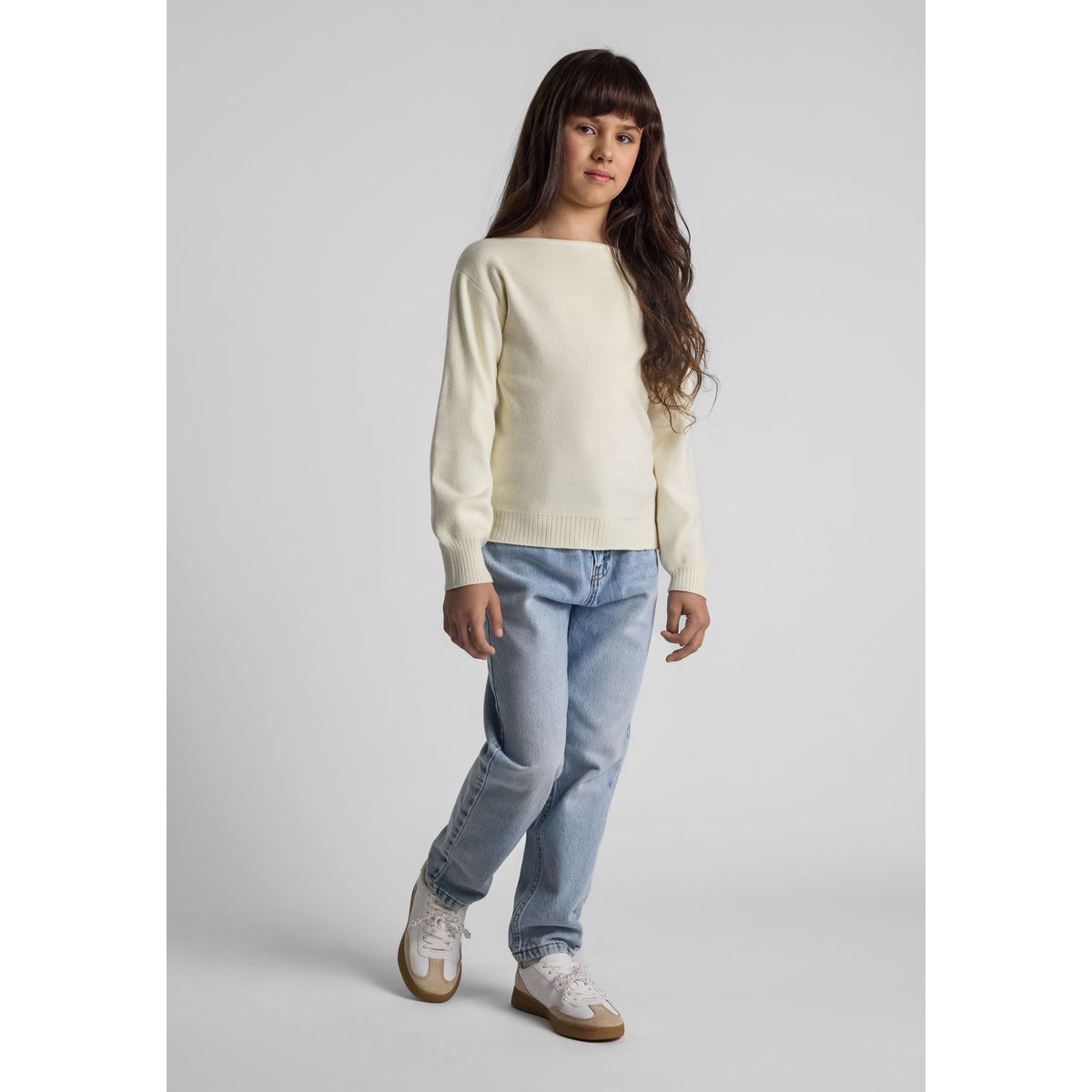 Girls' boat neck jumper in cream — complete product view for square Shop card