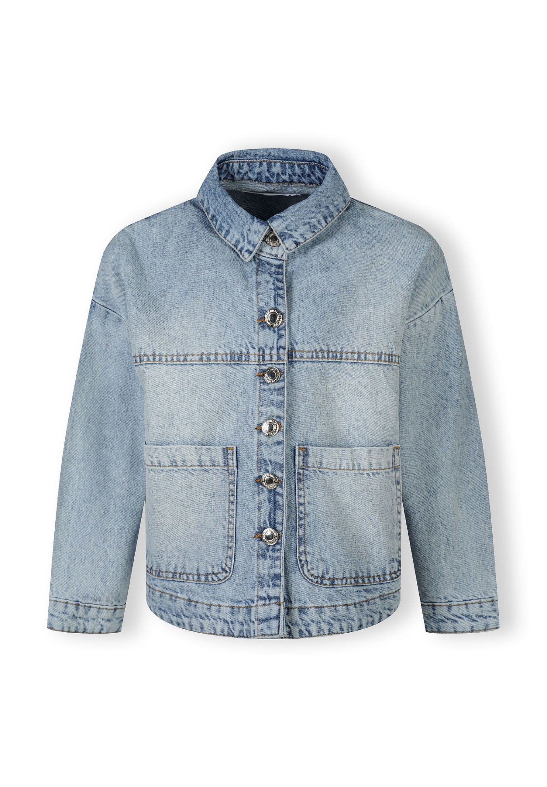 Girls oversized light blue denim jacket, front view with two patch pockets and button fastening.