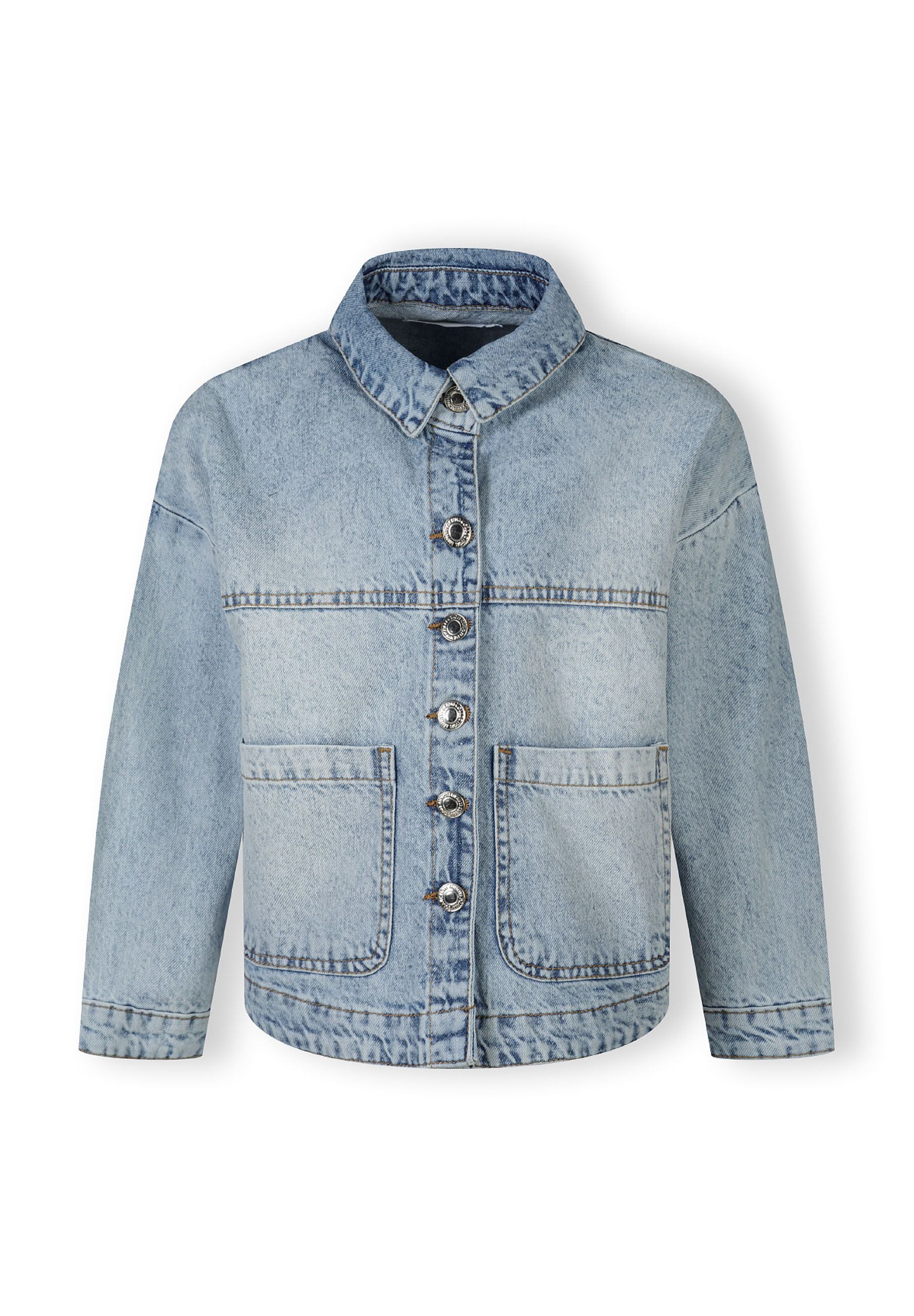 Girls oversized light blue denim jacket, front view with two patch pockets and button fastening.