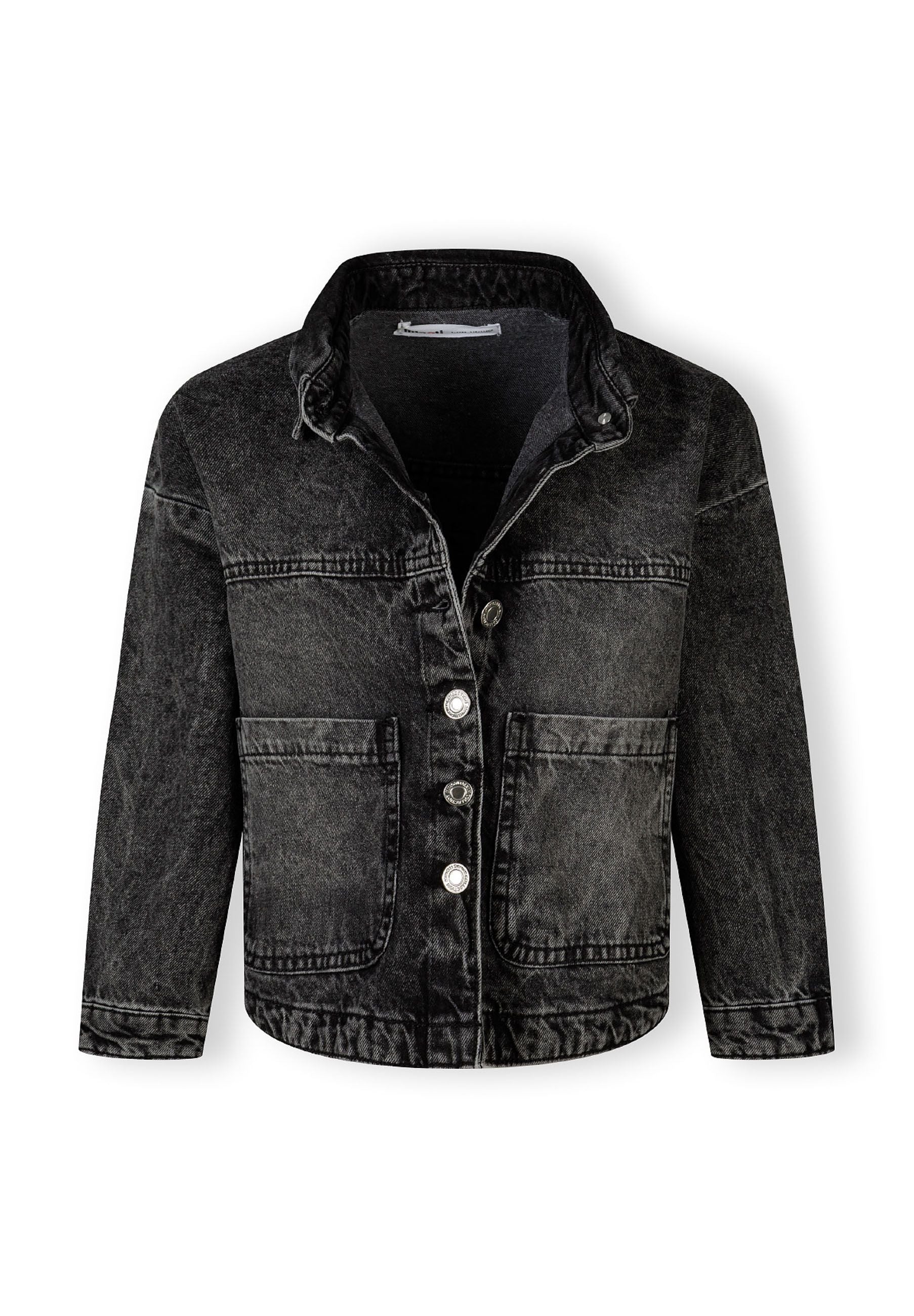Girls black denim jacket, front view, features button closure and two large pockets.