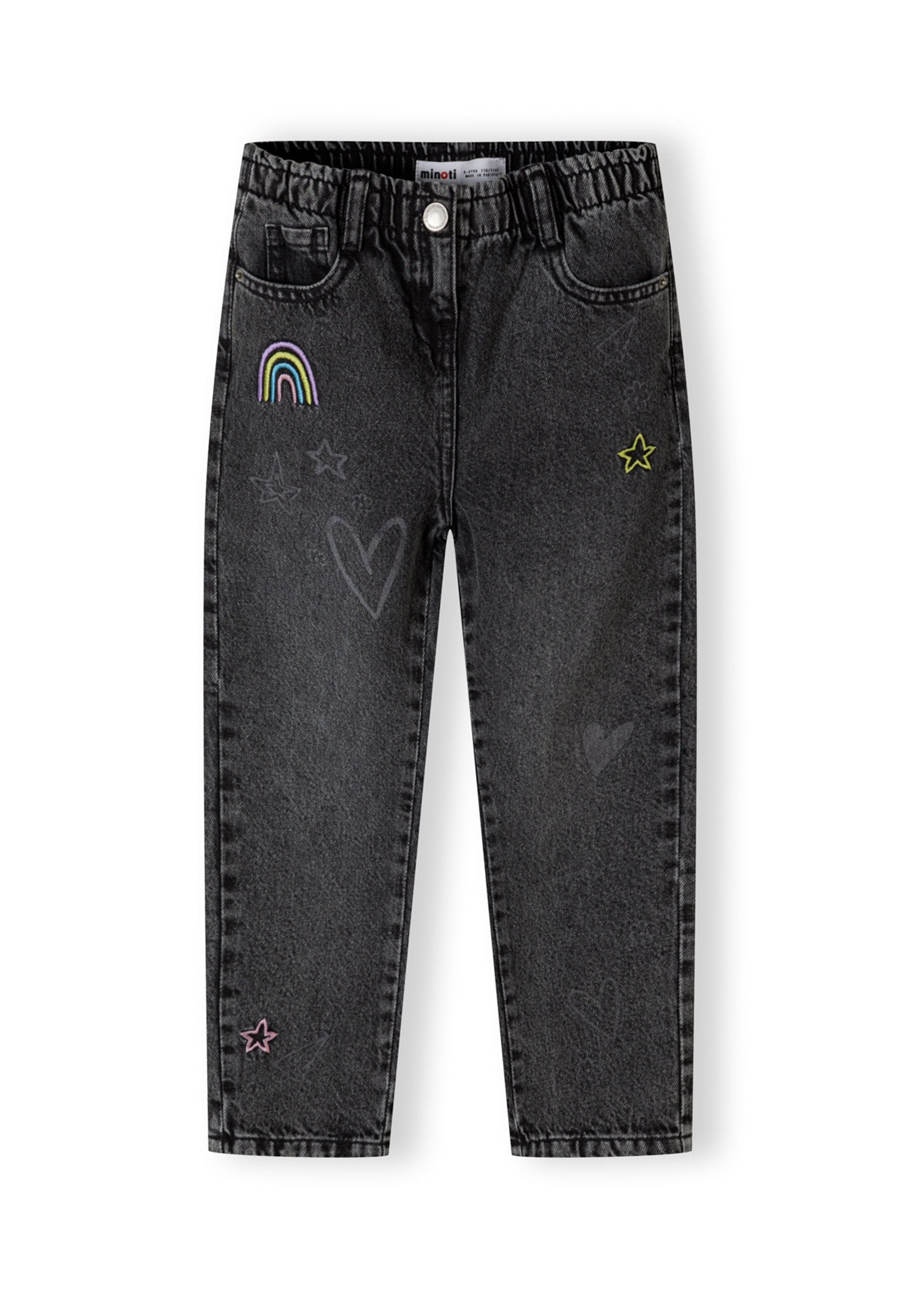 Girls black embroidered jeans with elasticated waist, front view, featuring rainbow and star motifs.