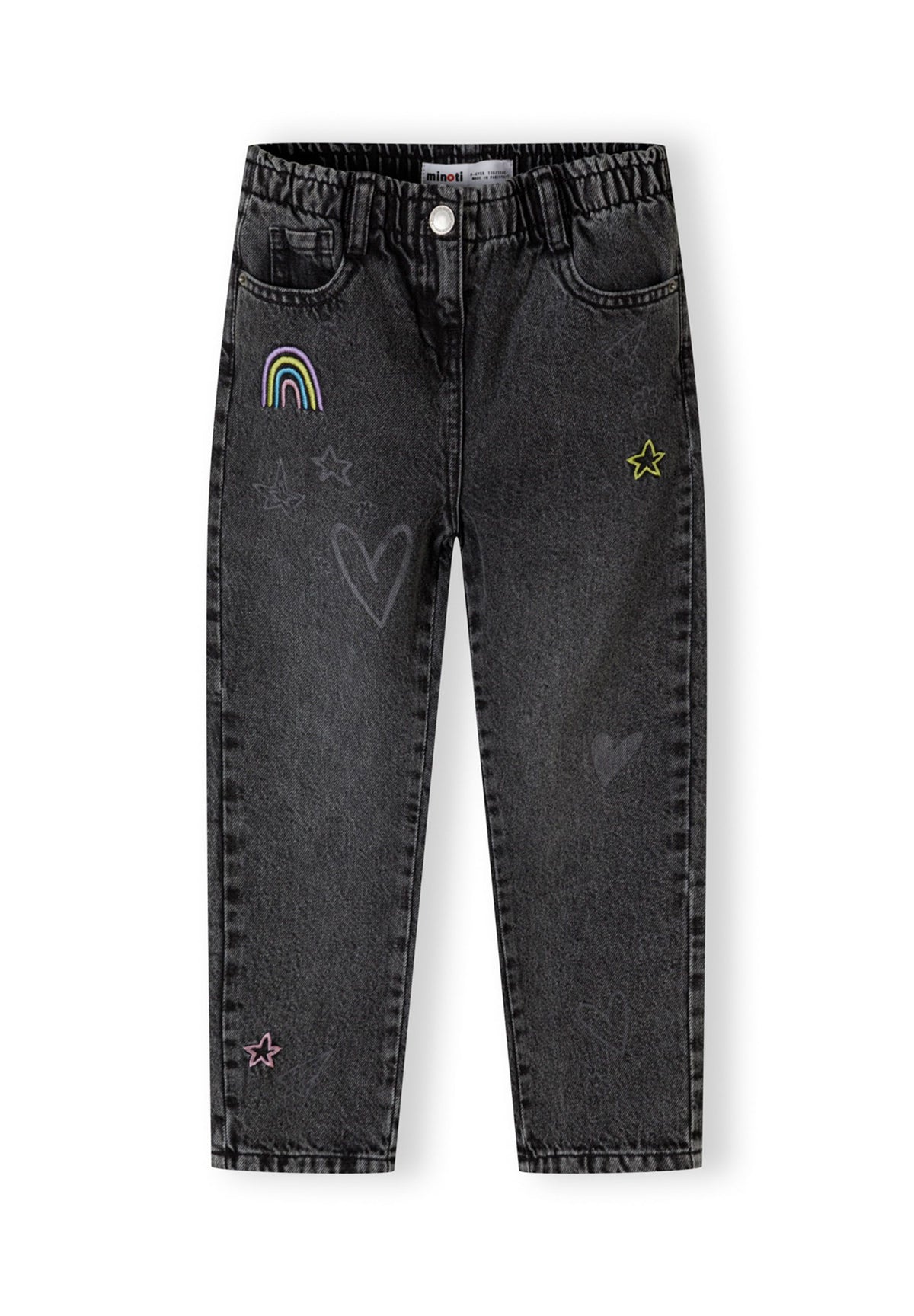 Washed black embroidered jeans, front.