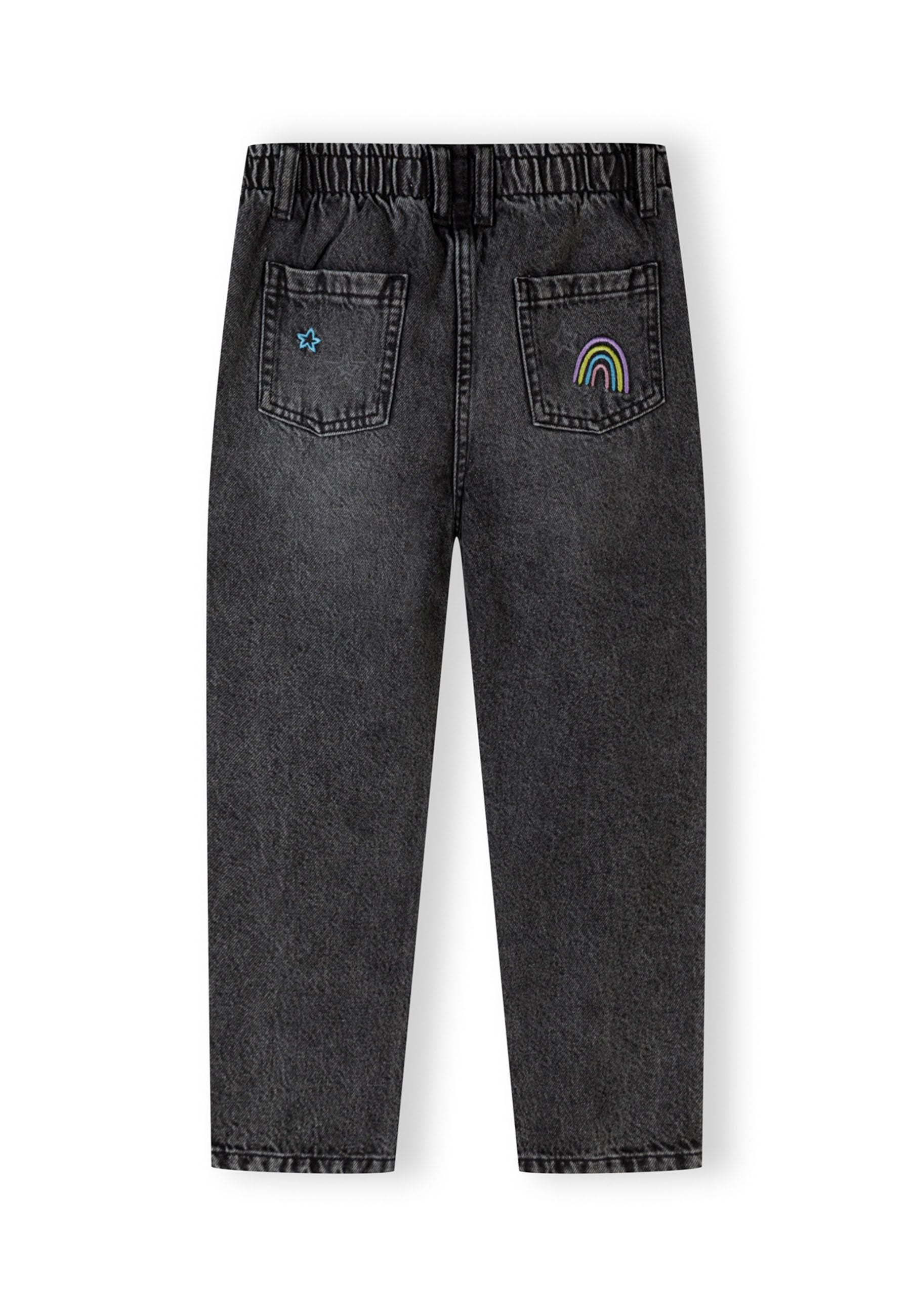 Girls black jeans with embroidered motifs, back view, featuring elasticated waistband.