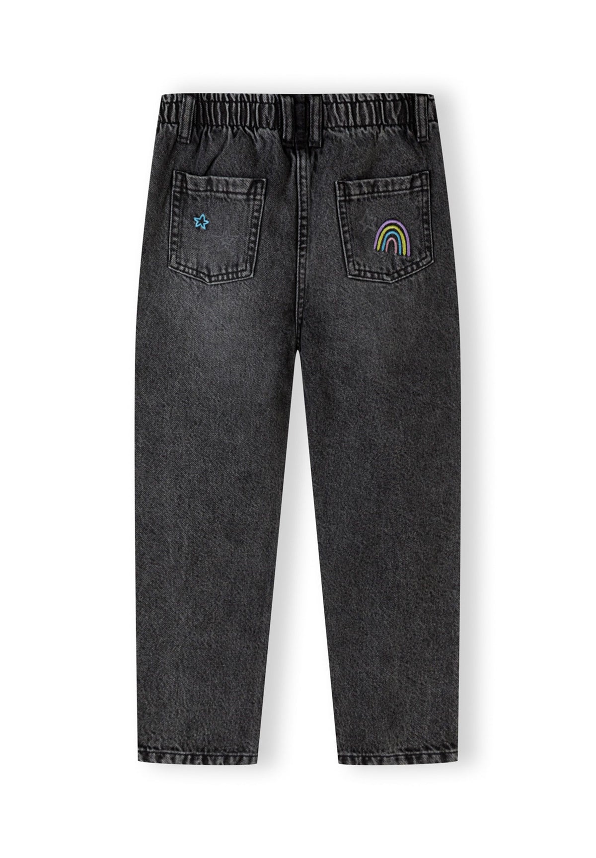 Washed black embroidered jeans, back.