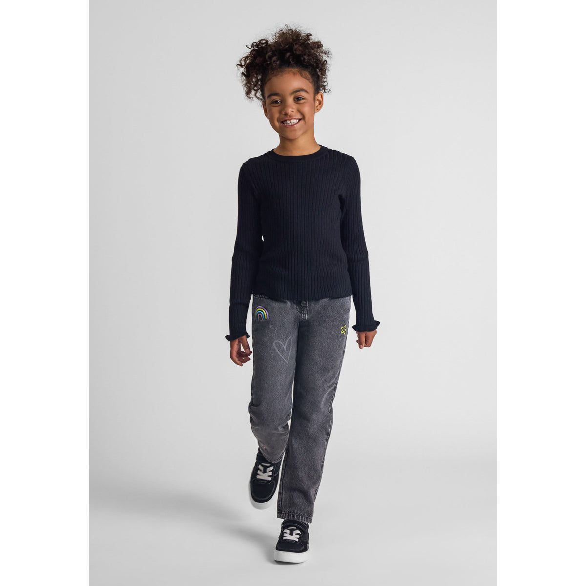 Girls' embroidered jeans in washed black — complete product view for square Shop card