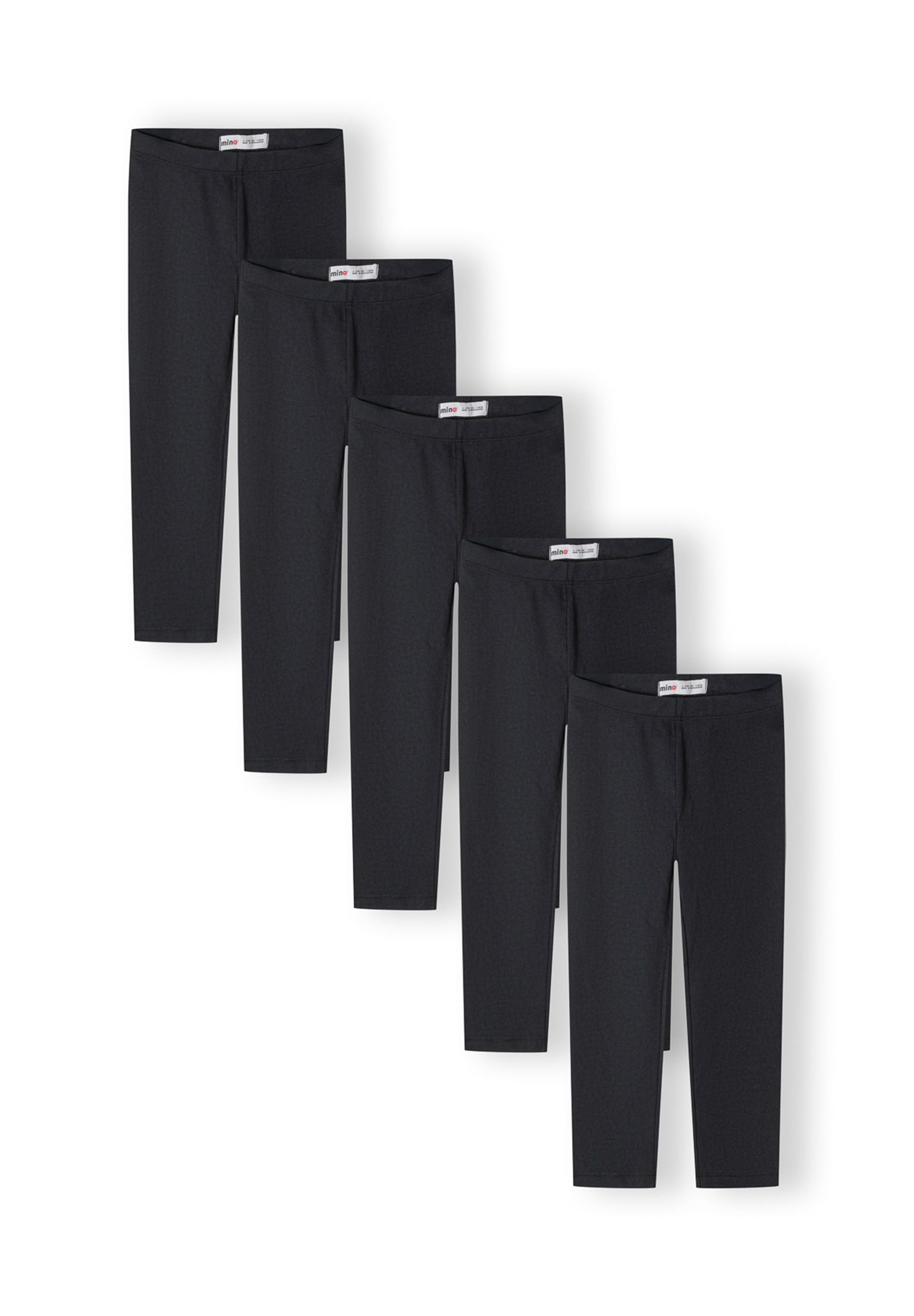Pack of 5 girls' black jersey leggings with elastic waistband, front view.