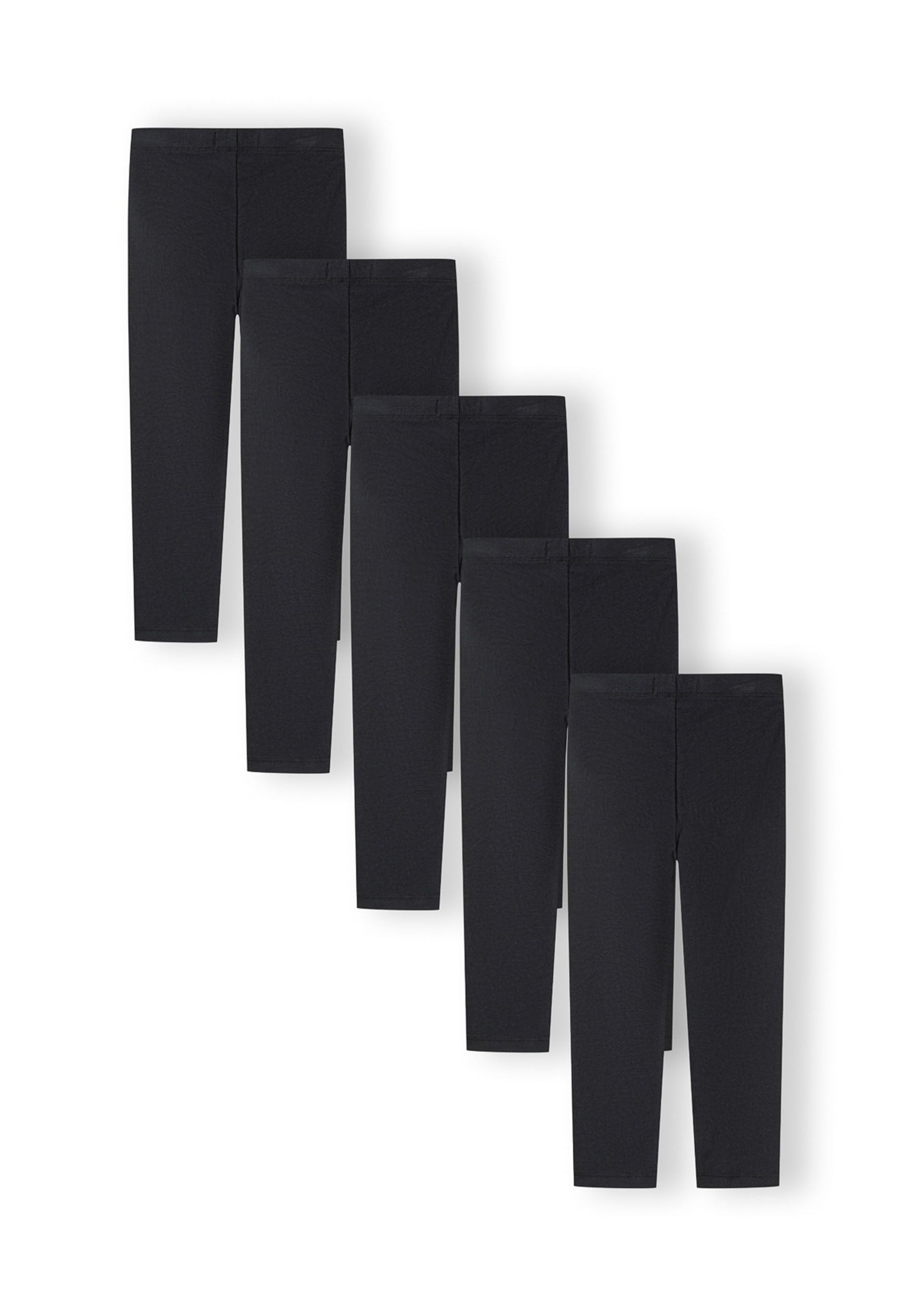 Pack of 5 black jersey leggings with elastic waistband, front view.