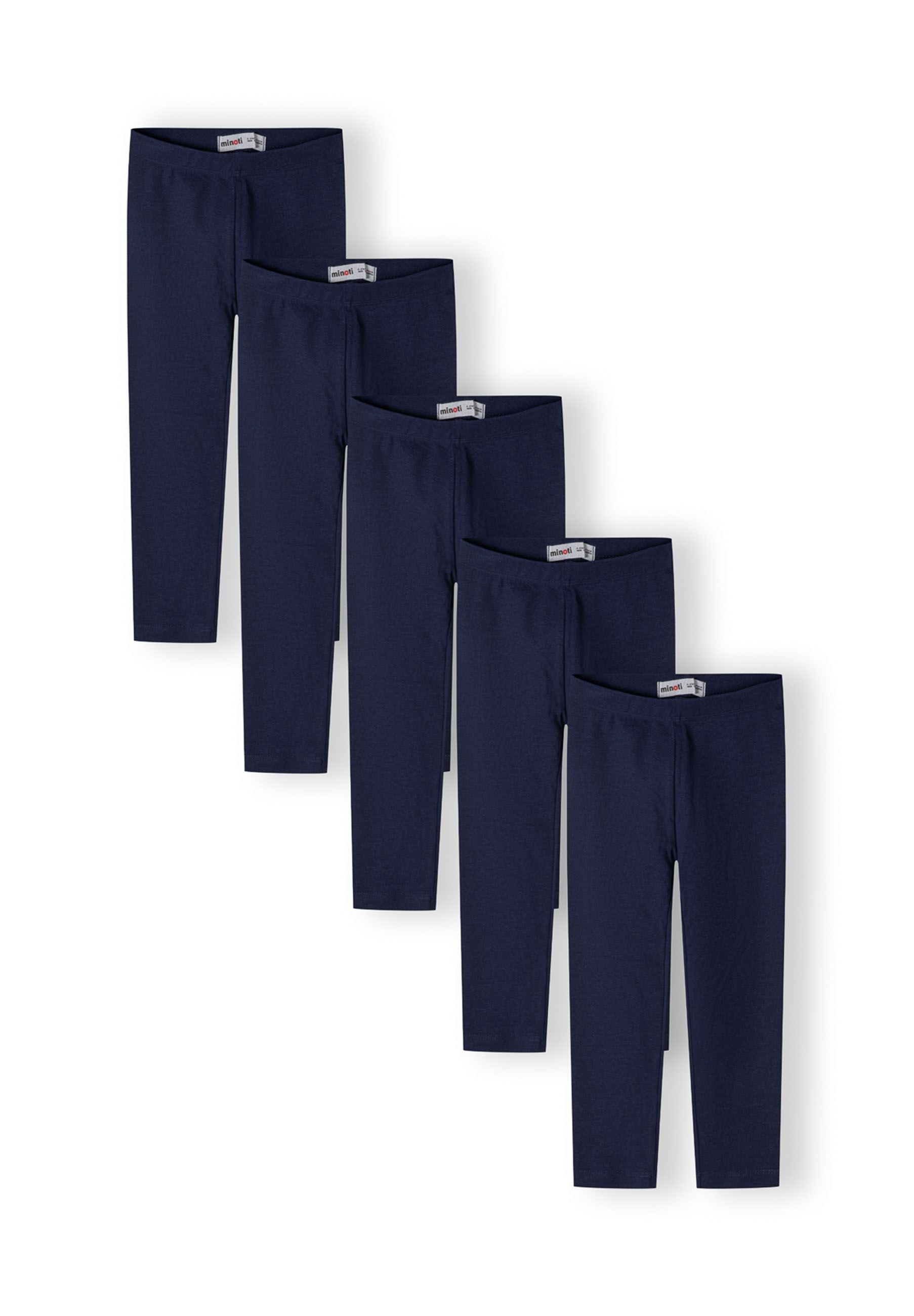 Set of five navy jersey leggings with elastic waistband, front view.