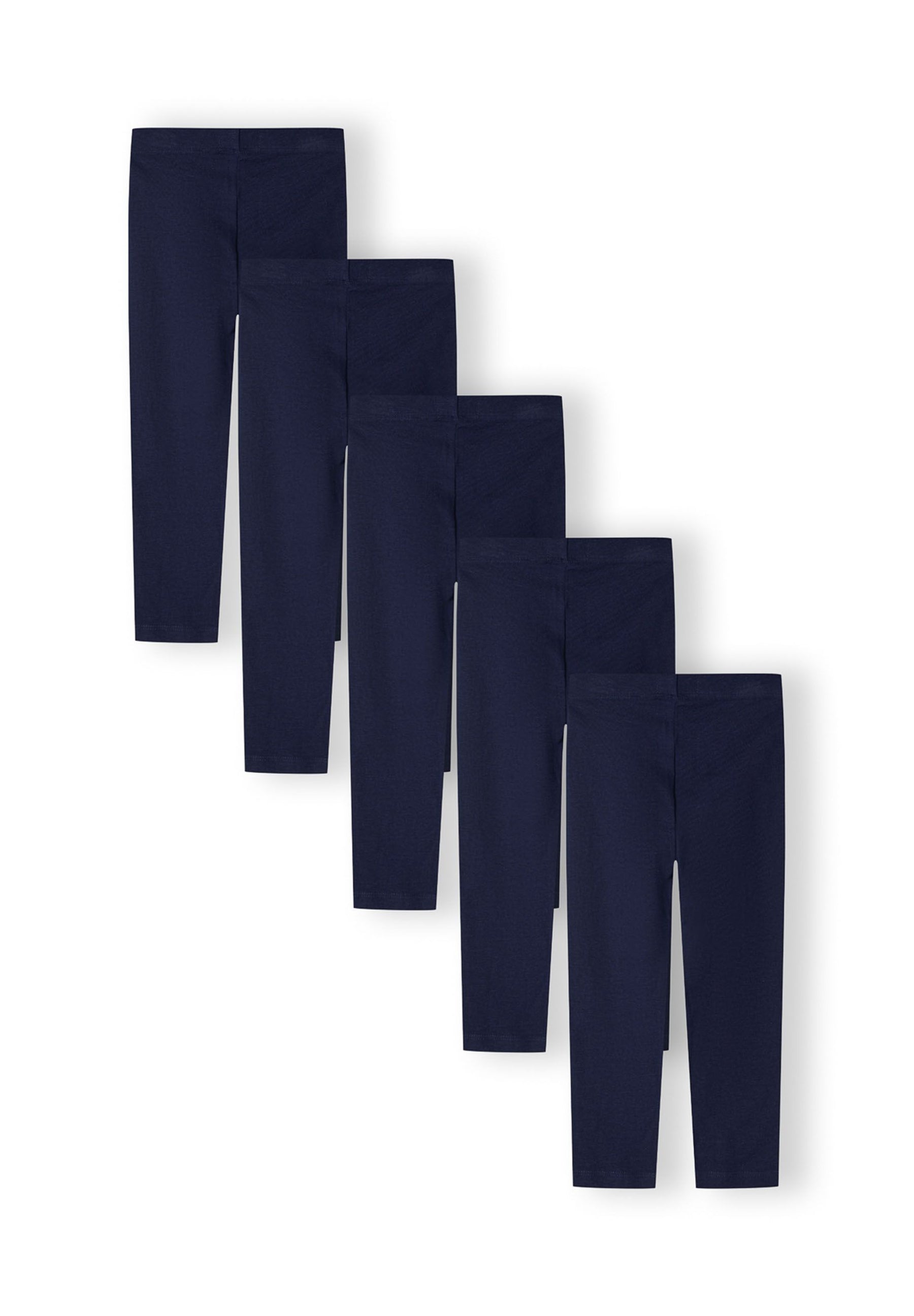 Set of five girls' navy jersey leggings with elastic waistband, front view.