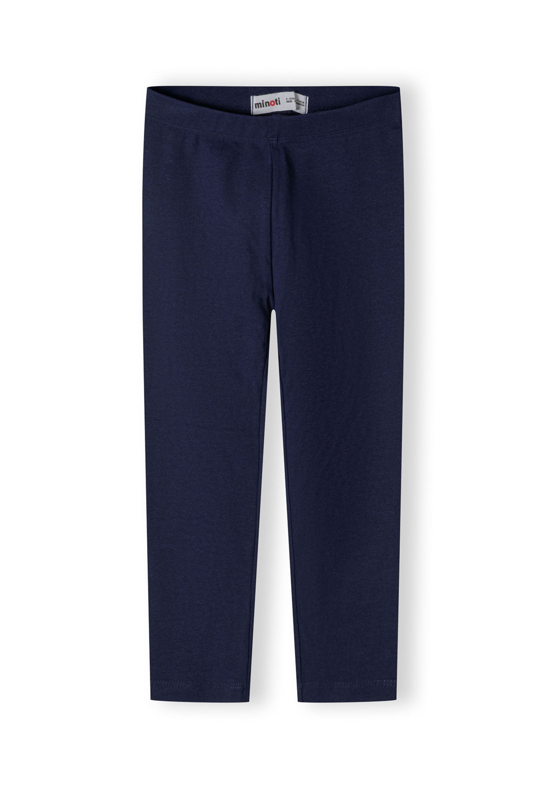 Girls navy jersey leggings, front view, elastic waistband.