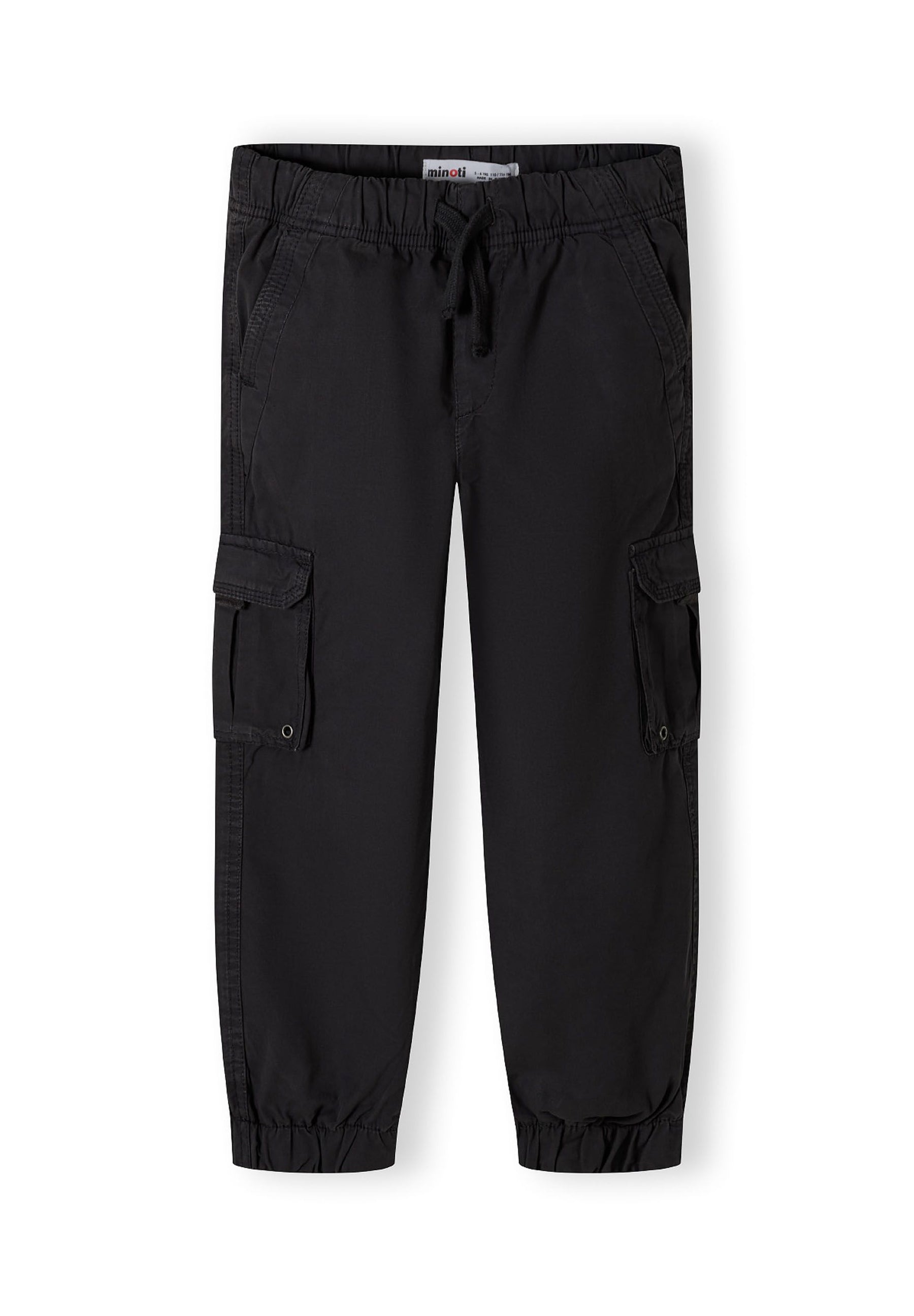 Girls cargo pants in black, front view with adjustable waistband and side cargo pockets.