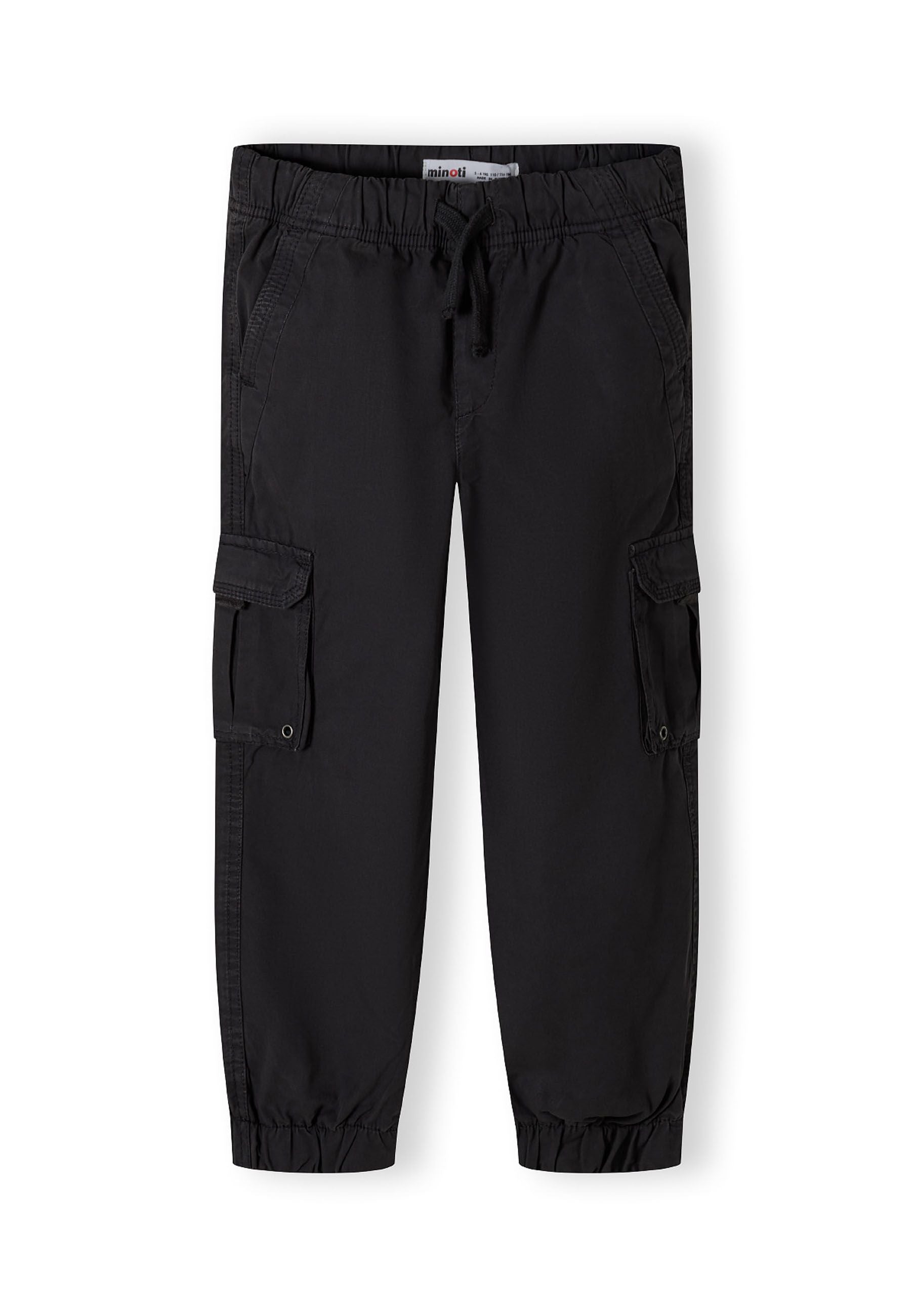 Girls cargo pants in black, front view with adjustable waistband and side cargo pockets.