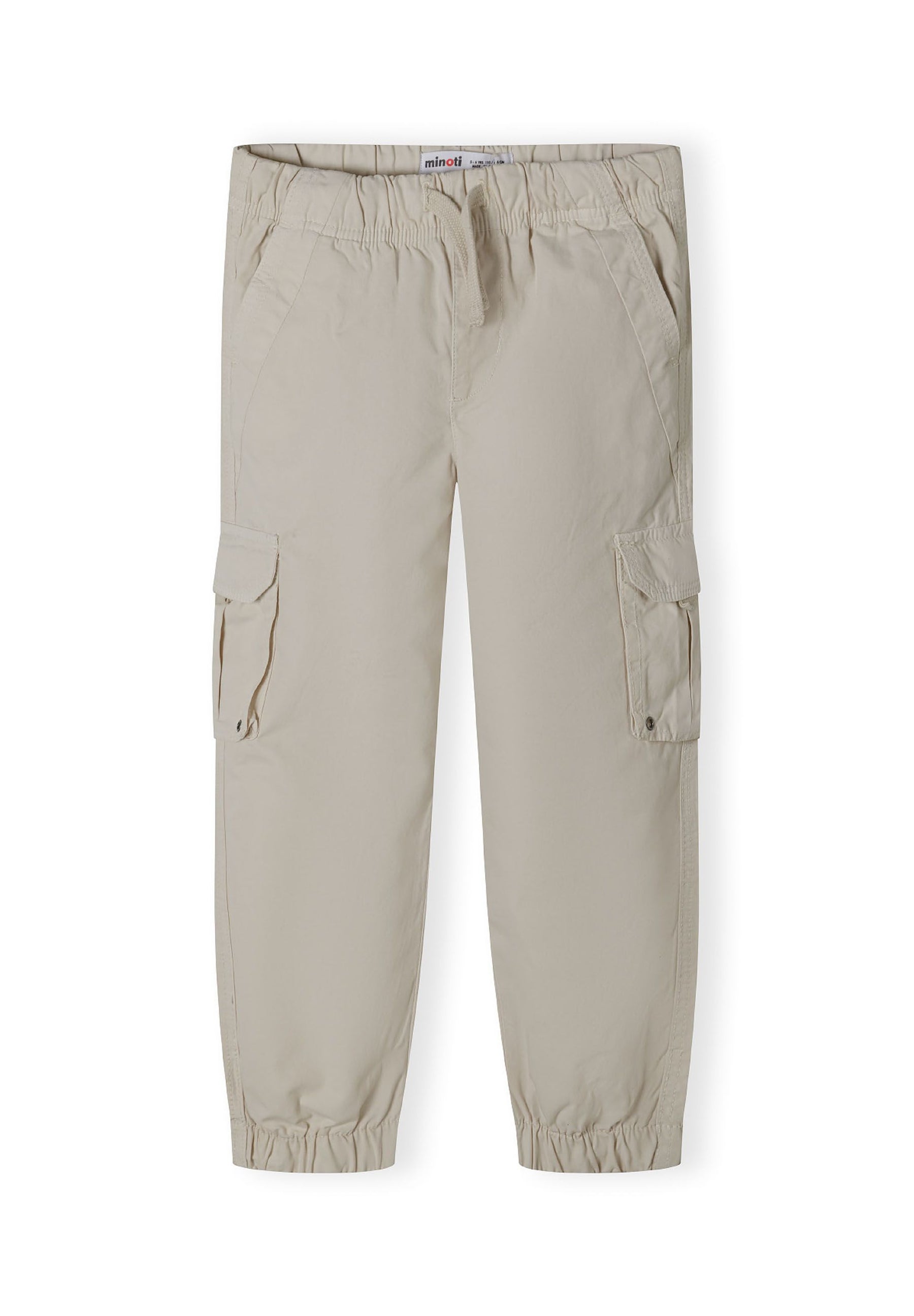 Girls cargo pants in beige with elasticated waist and side pockets, front view.