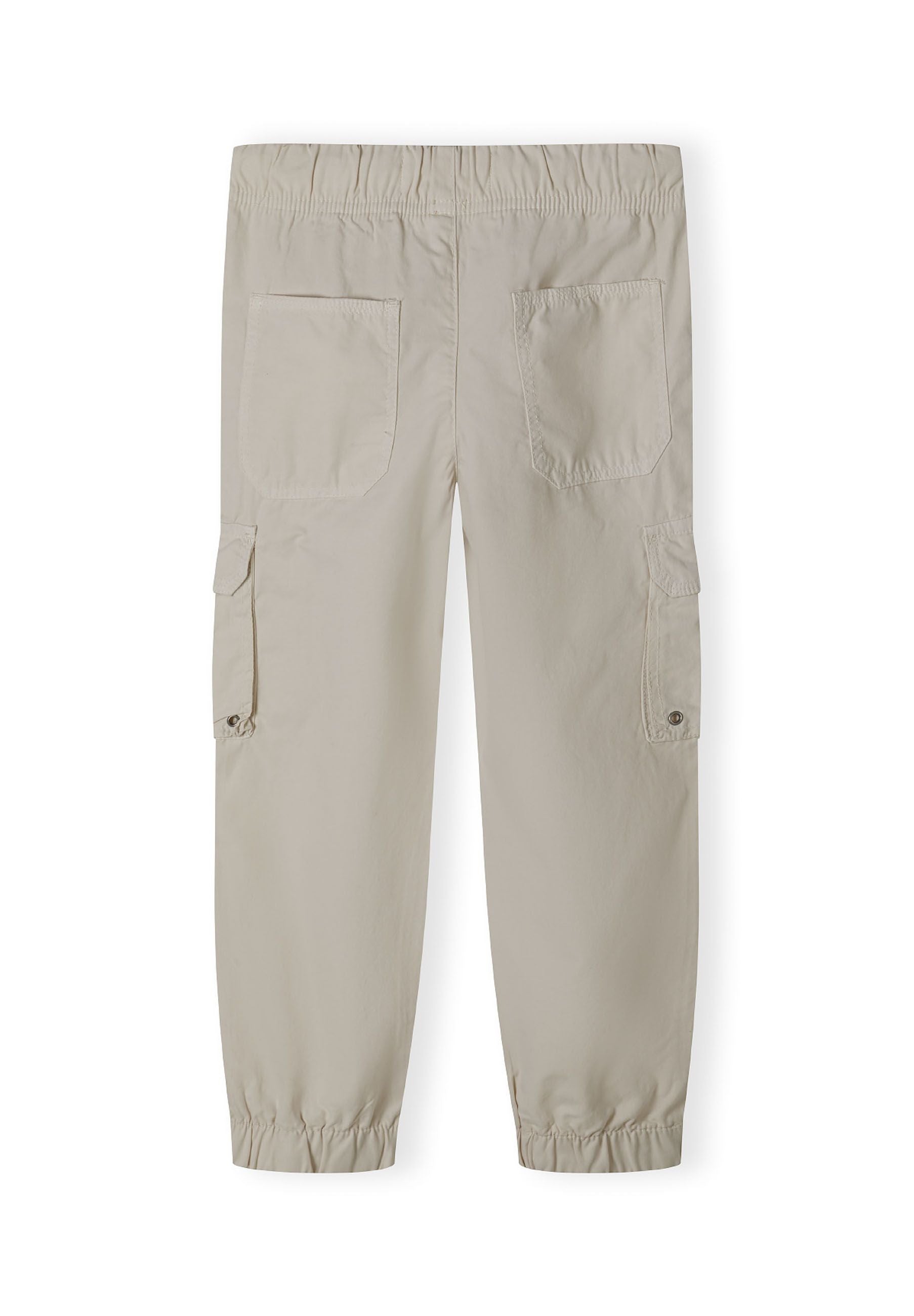 Girls cargo pants in grey, back view with elasticated waist and cargo pockets.