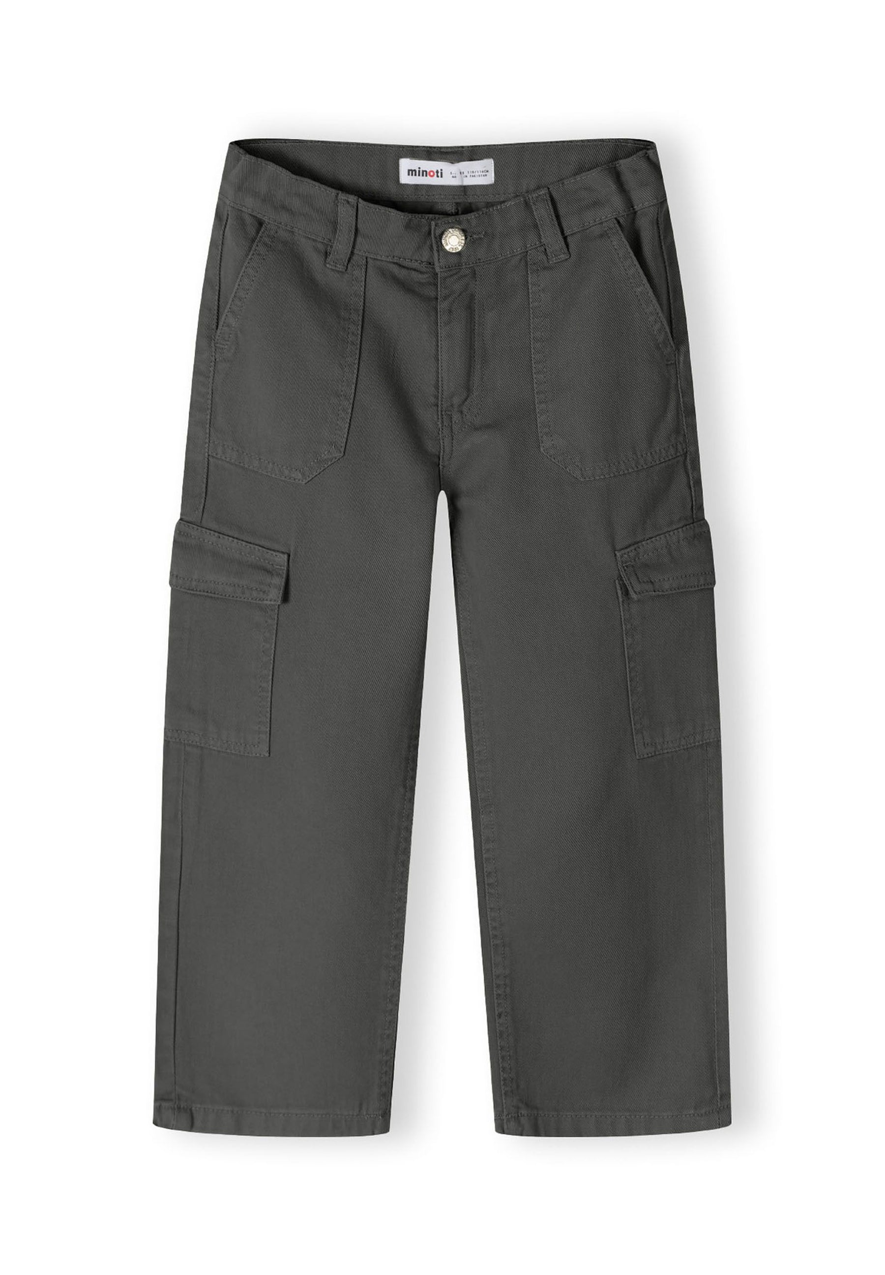 Girls wide leg combat pants in grey, front view with pockets.