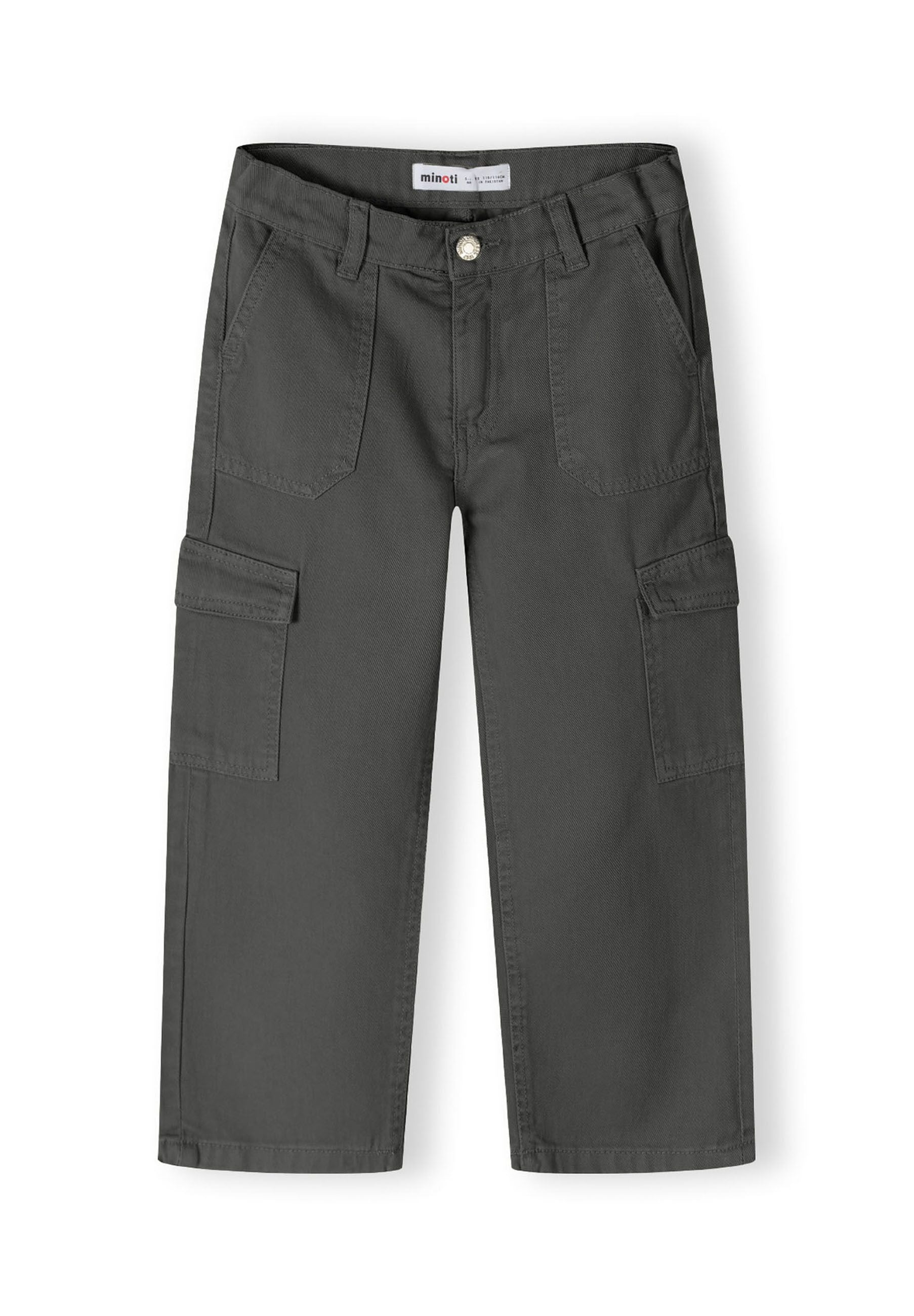 Girls wide leg combat pants in grey, front view with pockets.