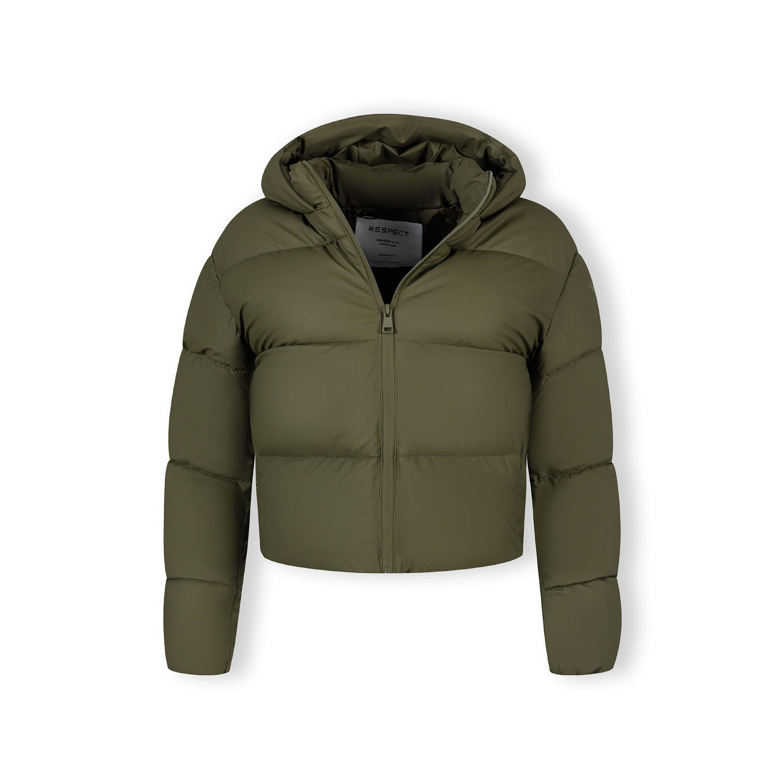 Close-up detail of khaki quilted jacket showing front zip fastening and quilted texture pattern