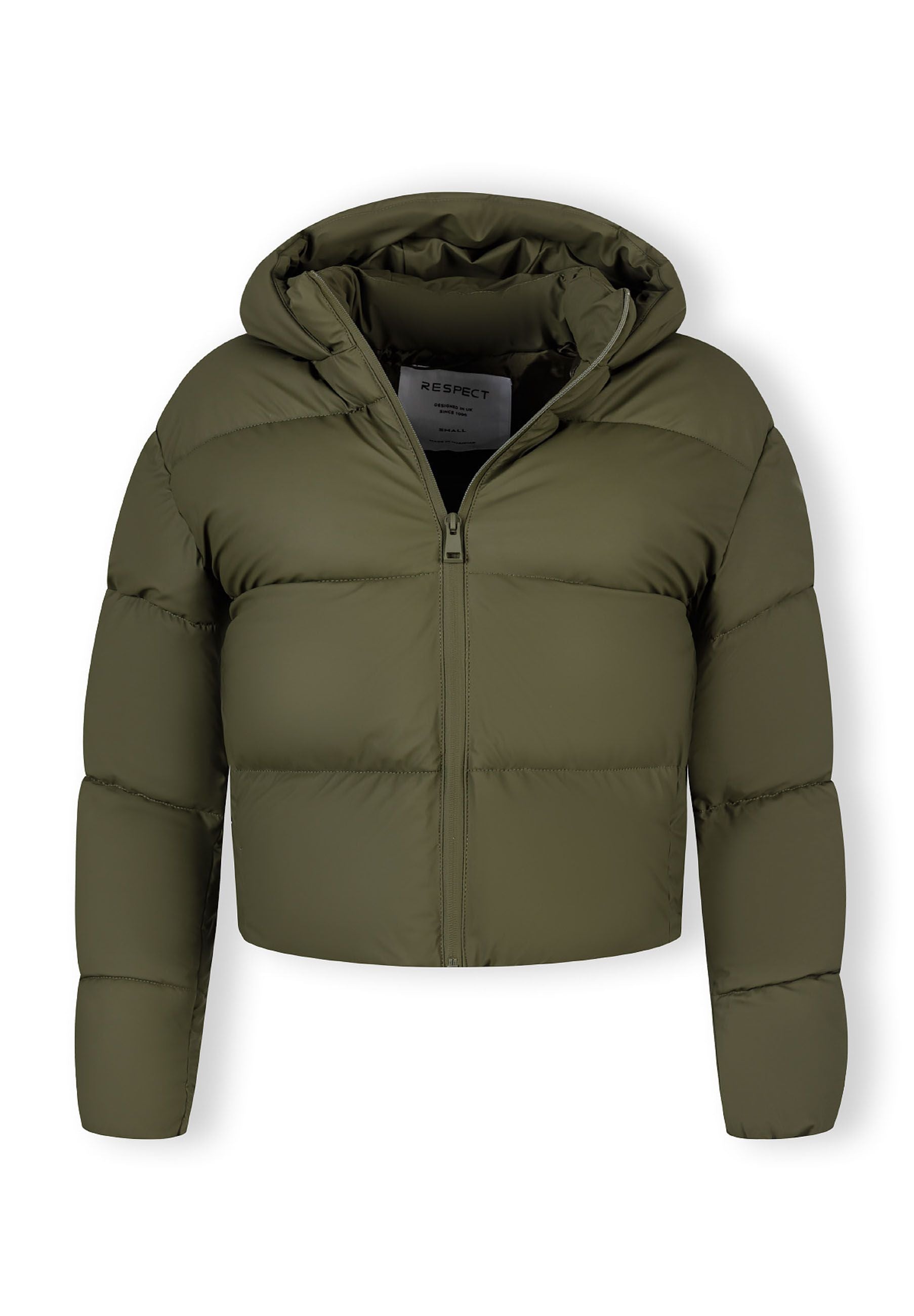 Women short khaki quilted jacket with hood, front view, features full-length zipper.