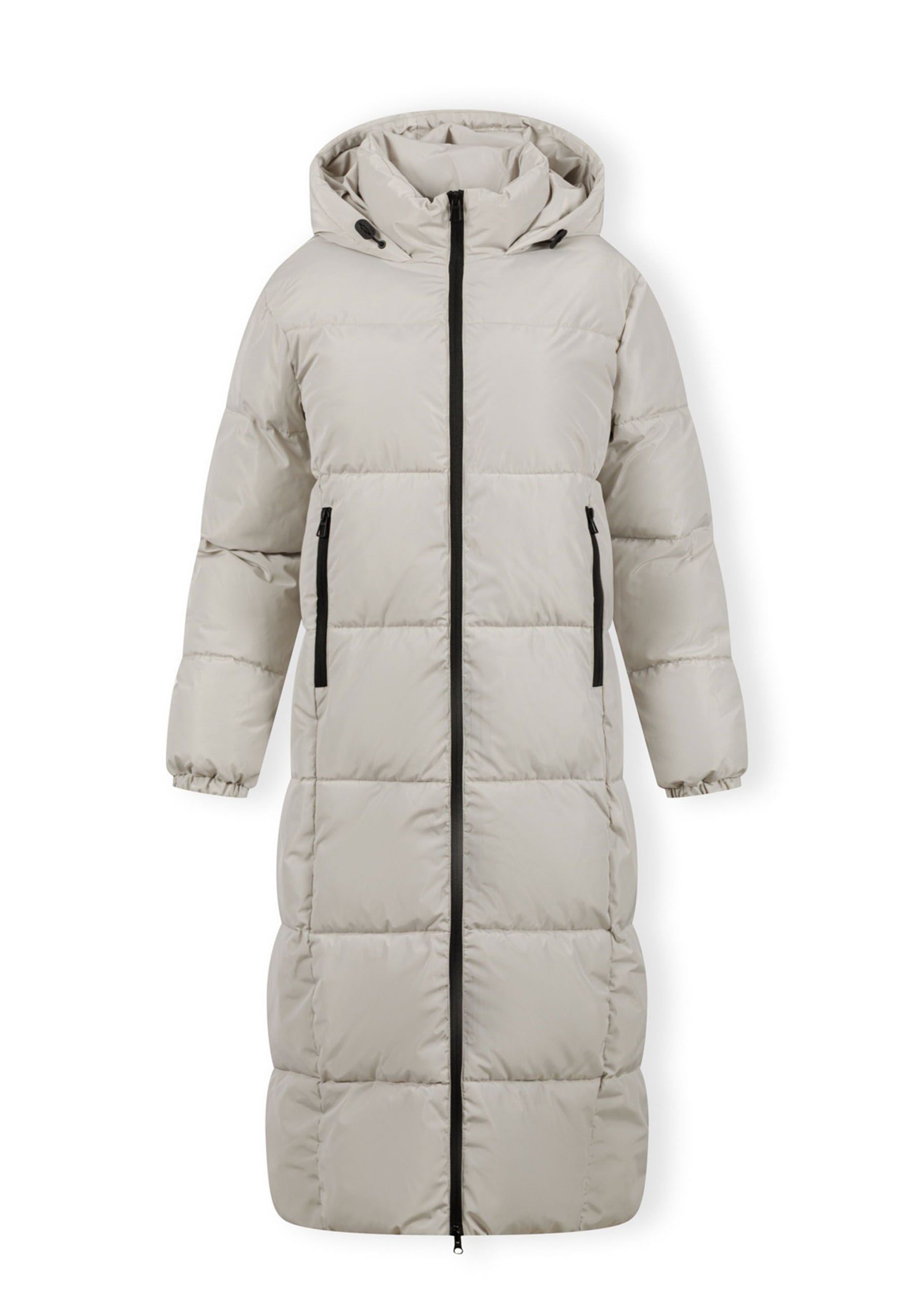 Long quilted winter jacket with drawstring hood, front zipper, and zipped pockets.