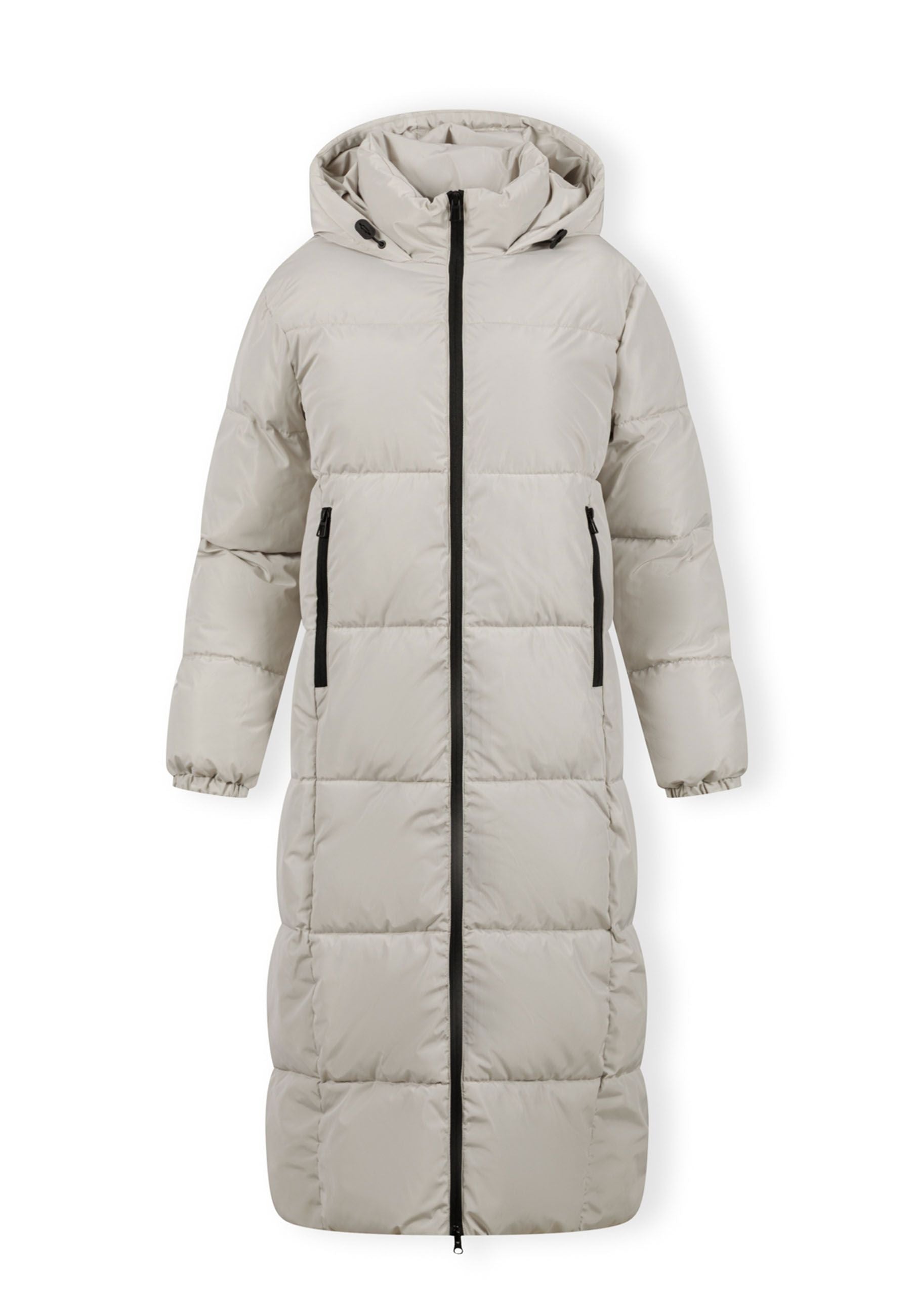 Long quilted winter jacket with drawstring hood, front zipper, and zipped pockets.