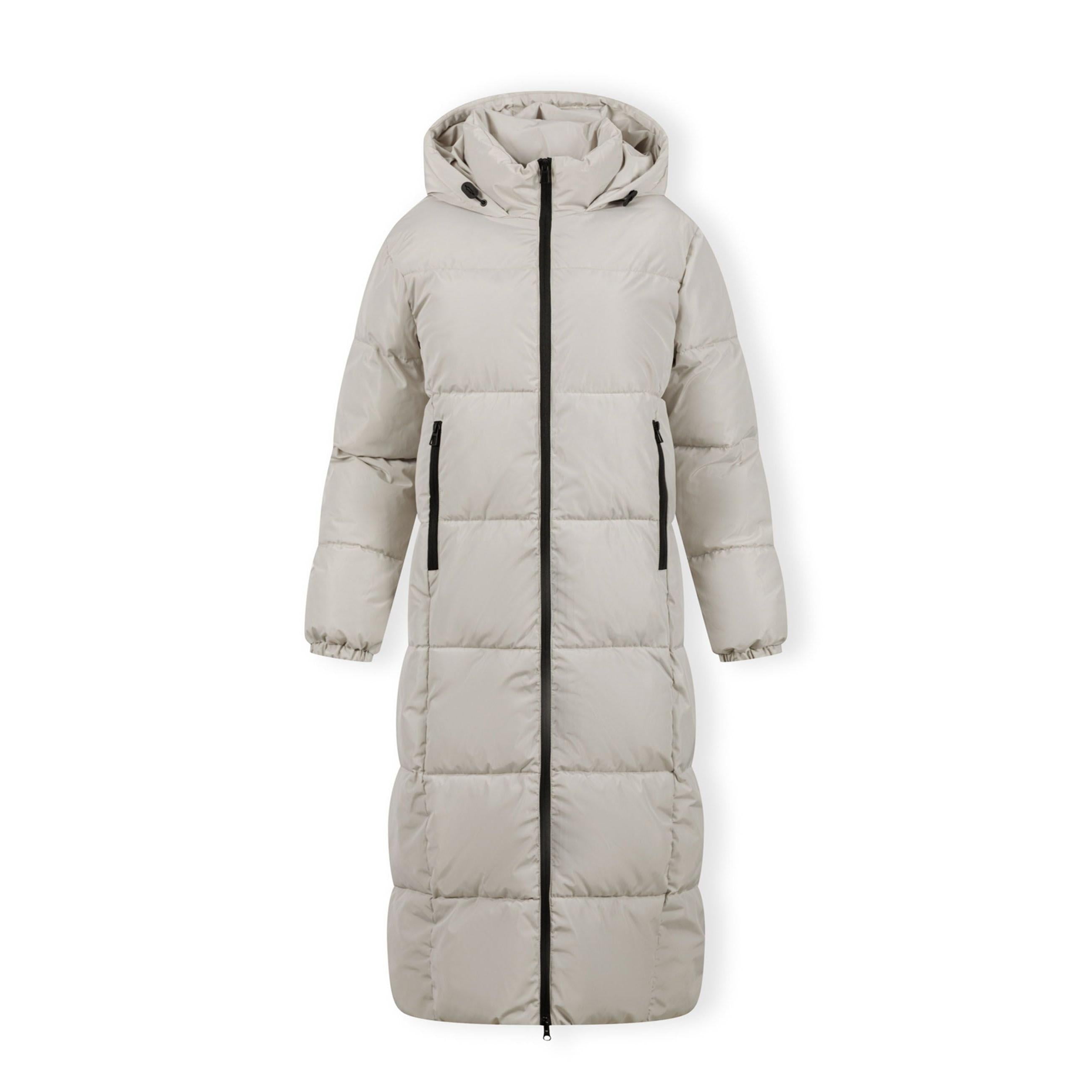 Front view of cream long quilted puffer jacket with black zip closure, adjustable hood and side pockets on white background