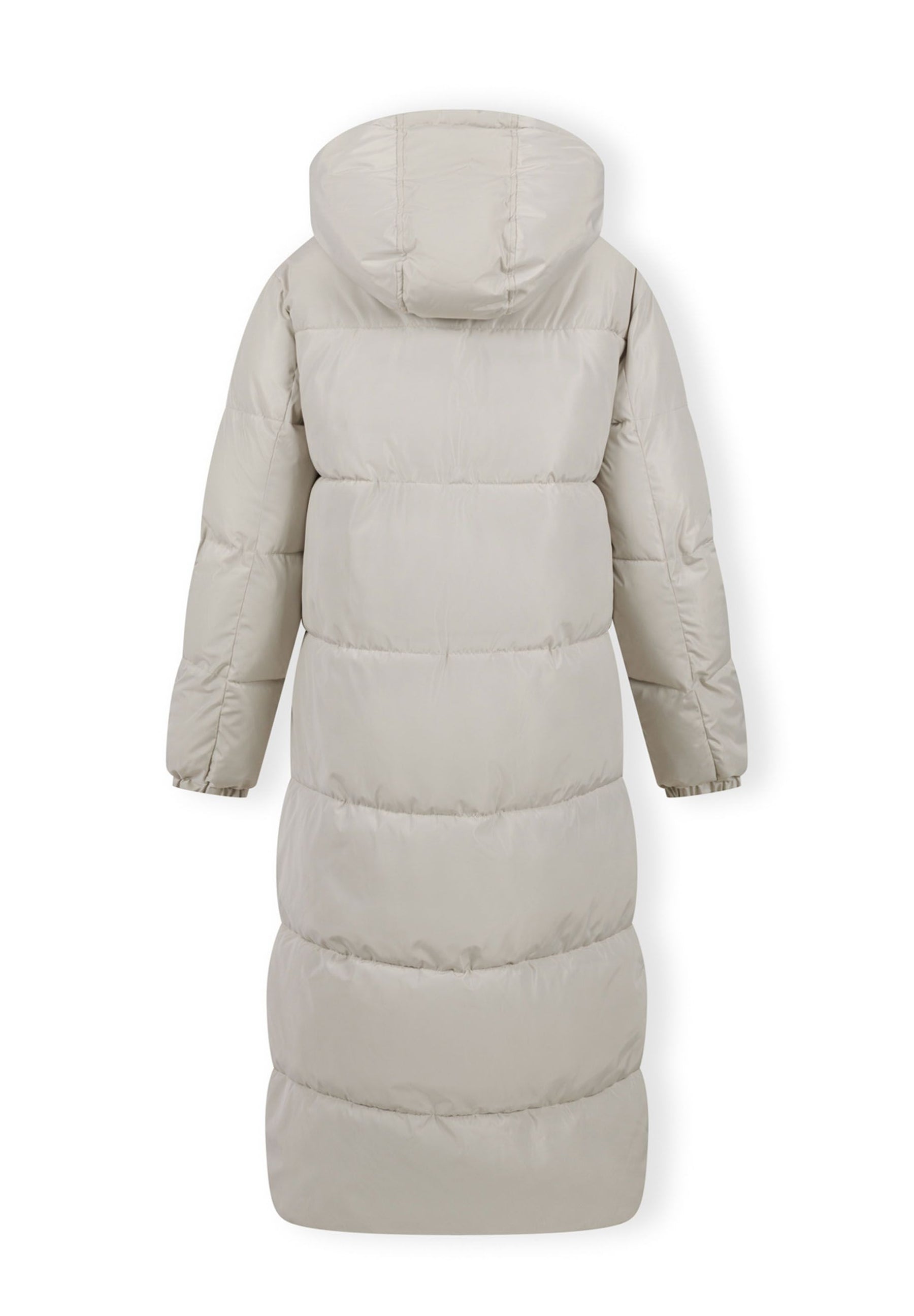 Back view of a long cream quilted winter jacket with a drawstring hood.