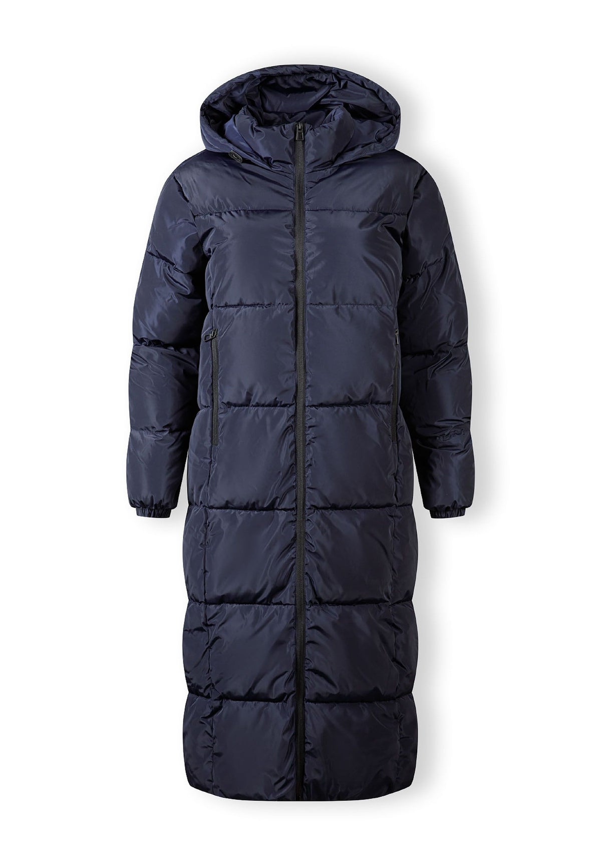 Front of a navy long puffer coat.