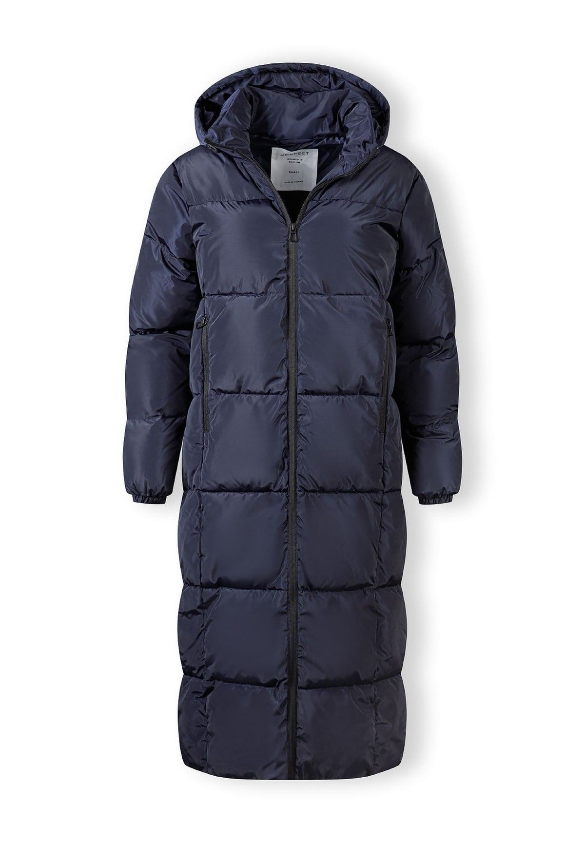 The navy long puffer coat shown open to reveal the inside.