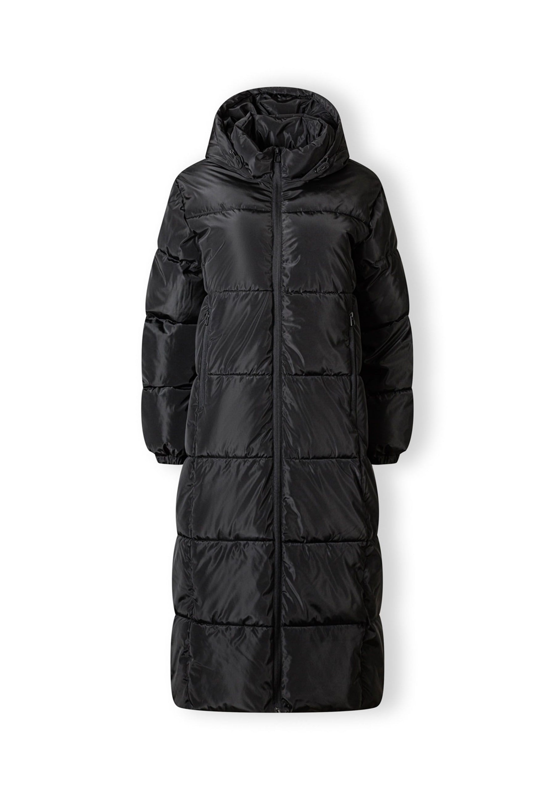Long black quilted winter jacket with drawstring hood, front view, featuring a full-length zipper and elastic cuffs.
