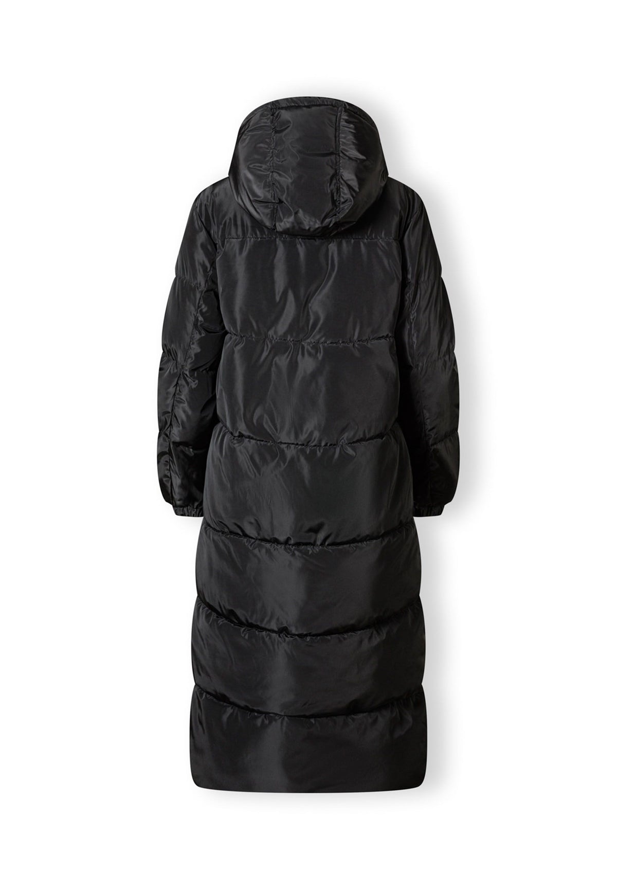Back of a black long puffer coat.