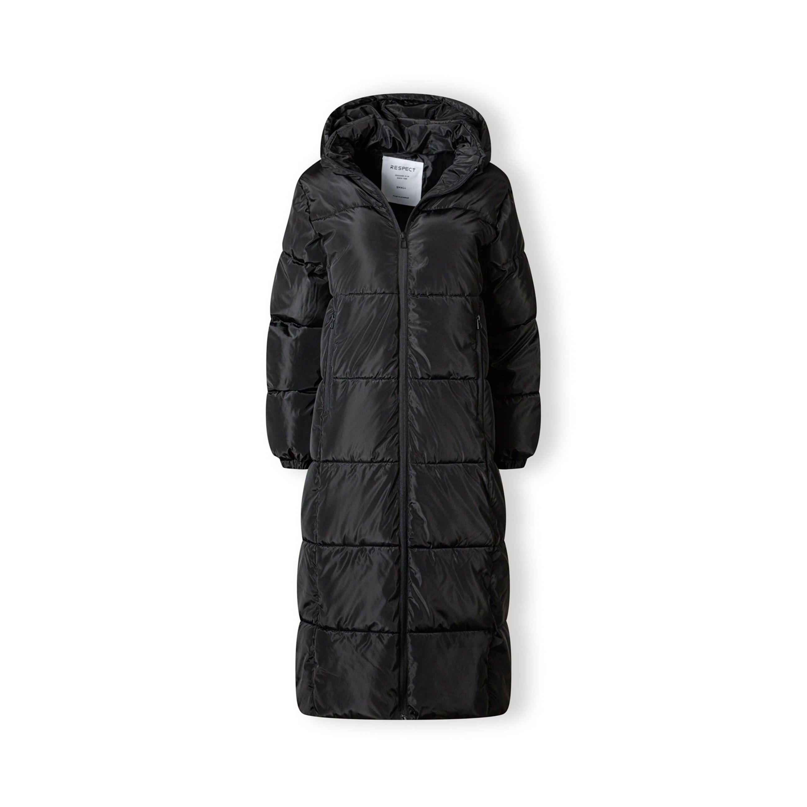 Long black quilted jacket laid flat showing full-length design, hood, and quilted pattern against white background