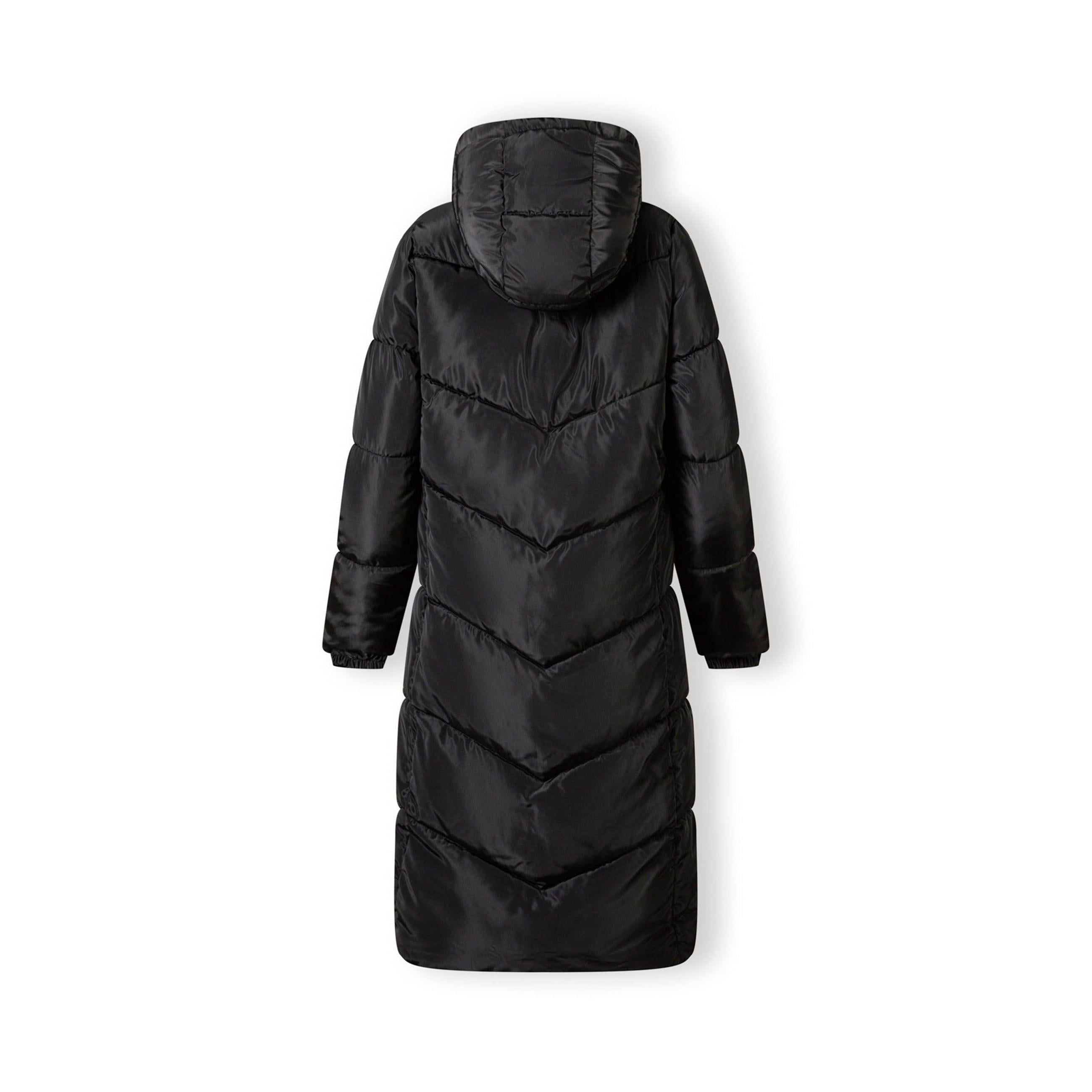Back view of long black quilted winter coat showing chevron quilting pattern and hood detail