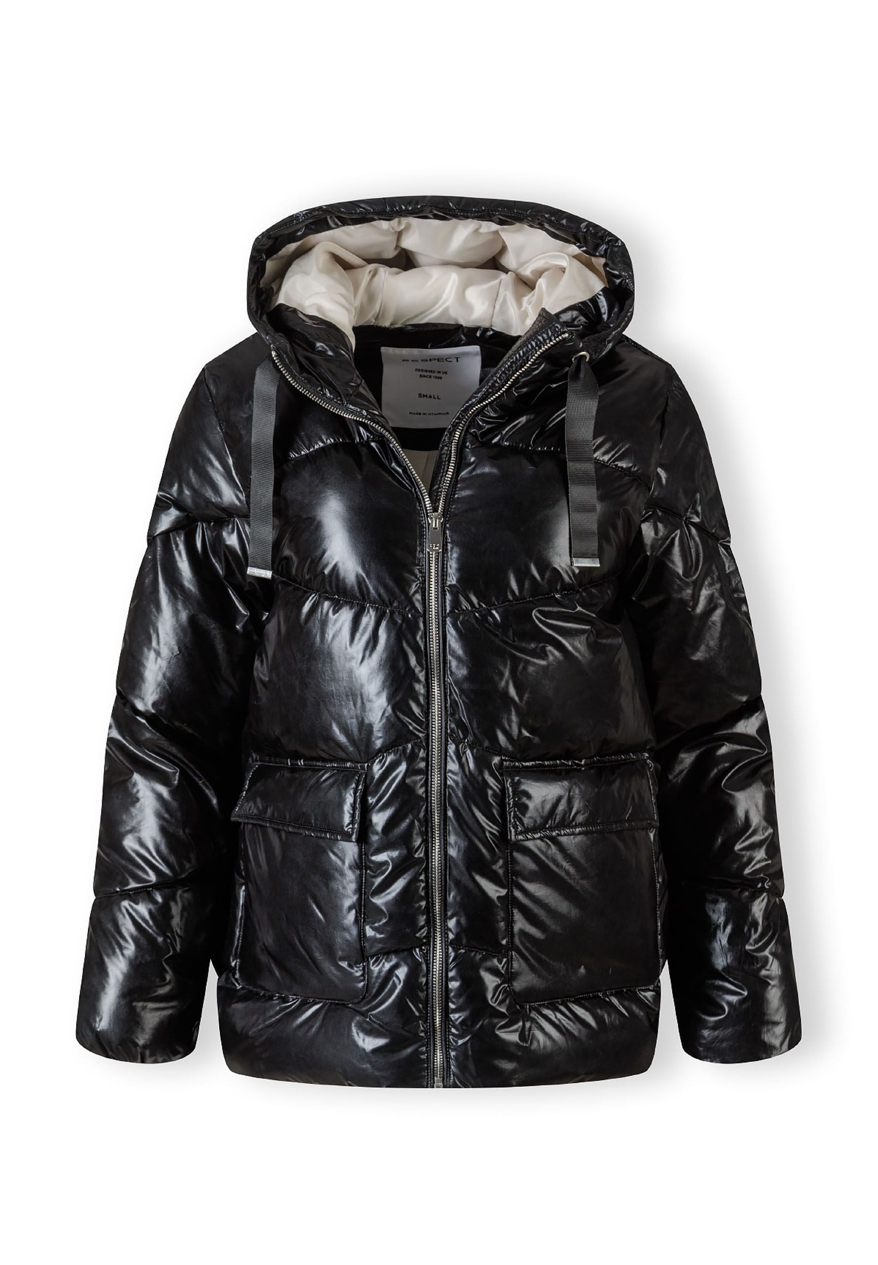 Black quilted short hooded jacket with zip and flap pockets, front view.