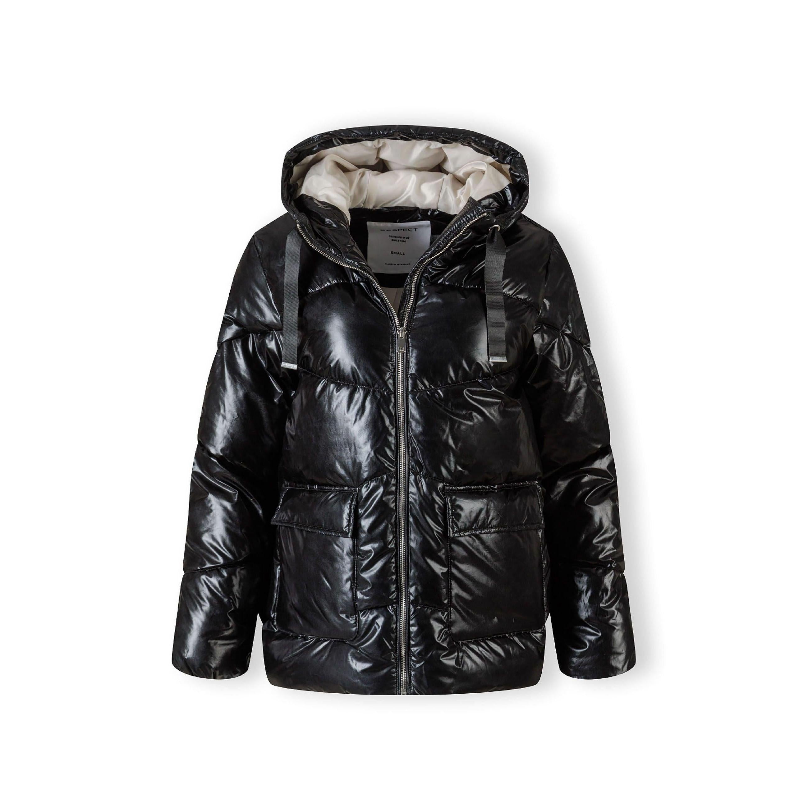 Close-up detail of black jacket showing zip pocket with quilted stitching pattern