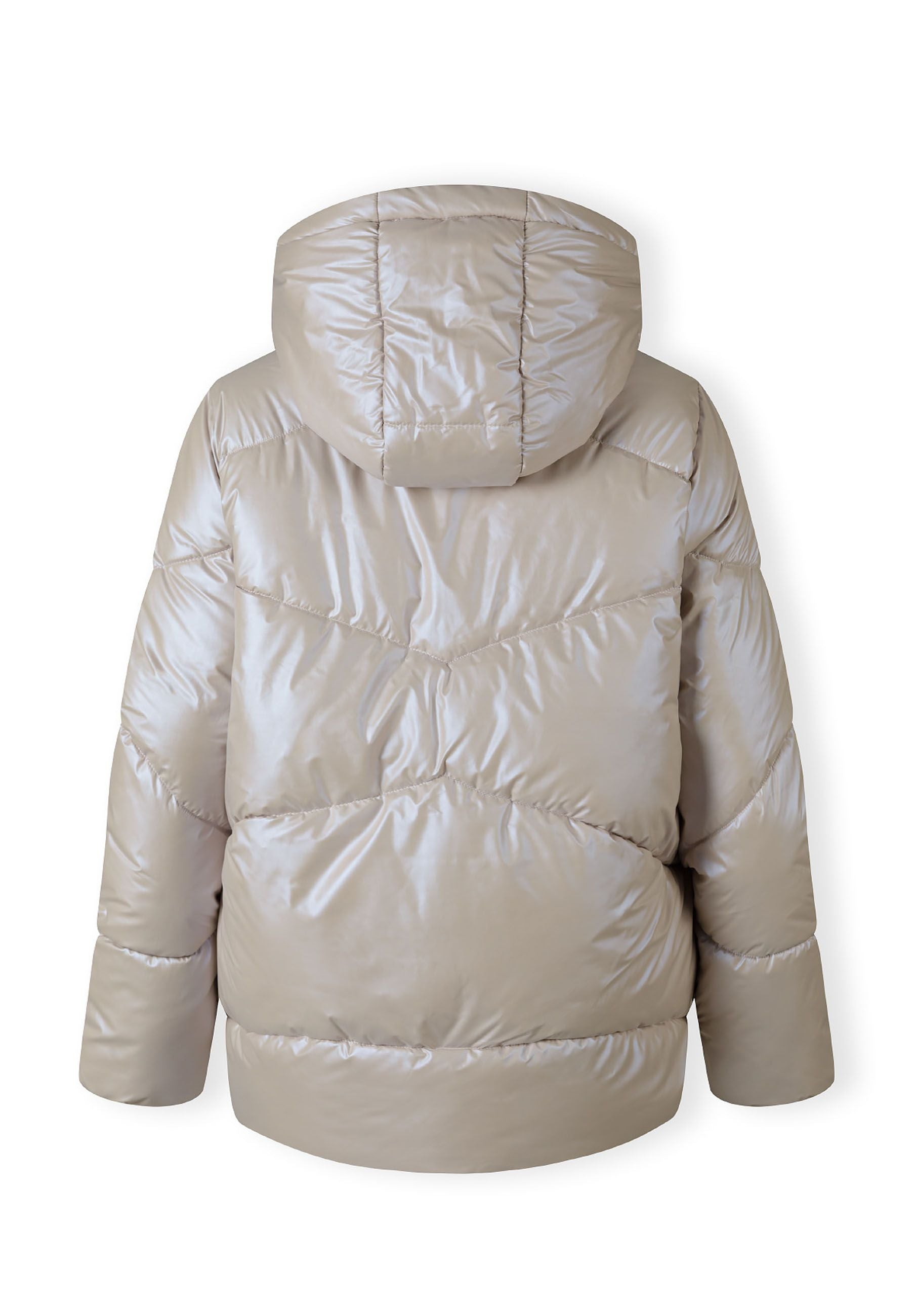 Back view of a women's quilted short jacket with a hood and elasticated cuffs.